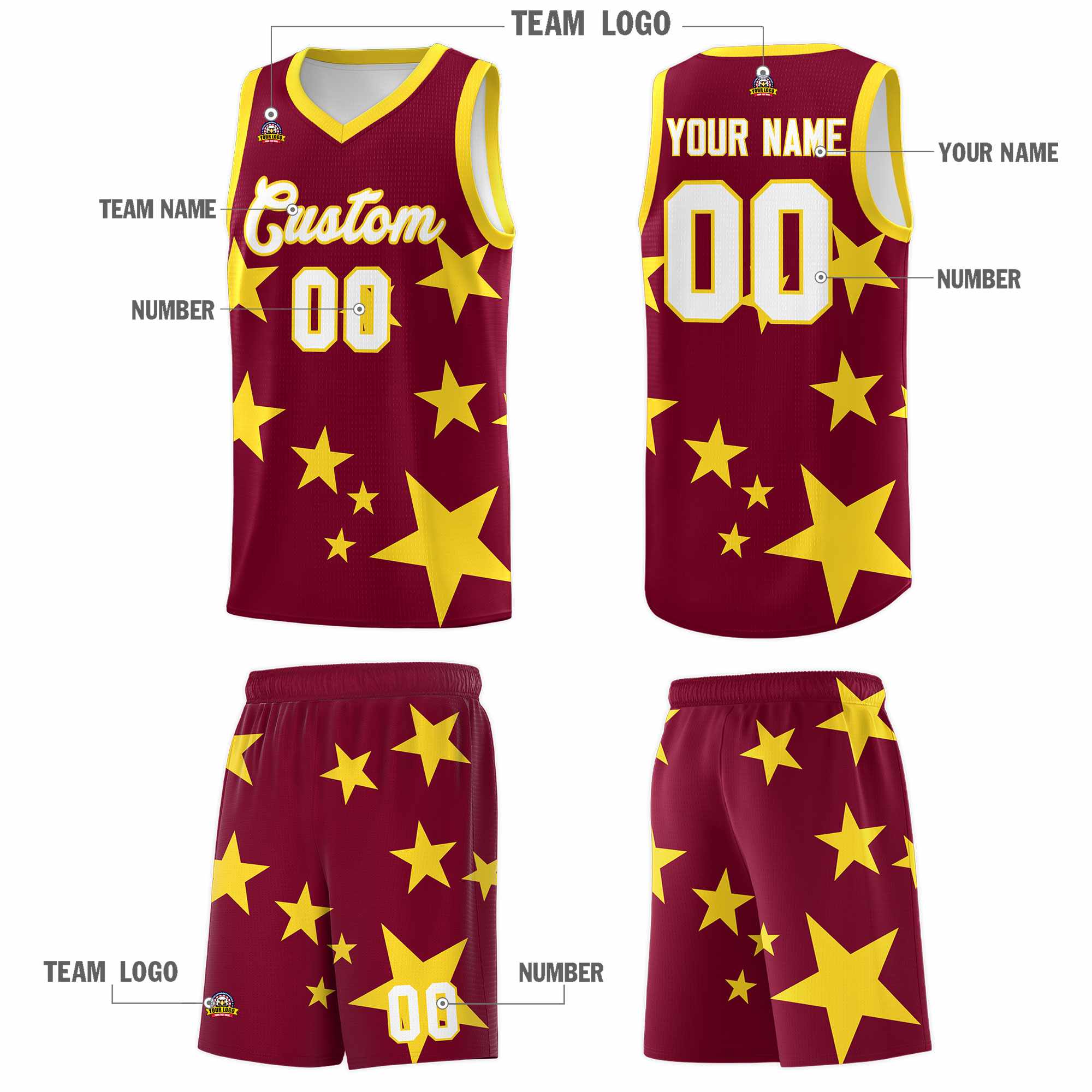 Custom Crimson Gold Graffiti Pattern Star Print Basketball Kits Sets