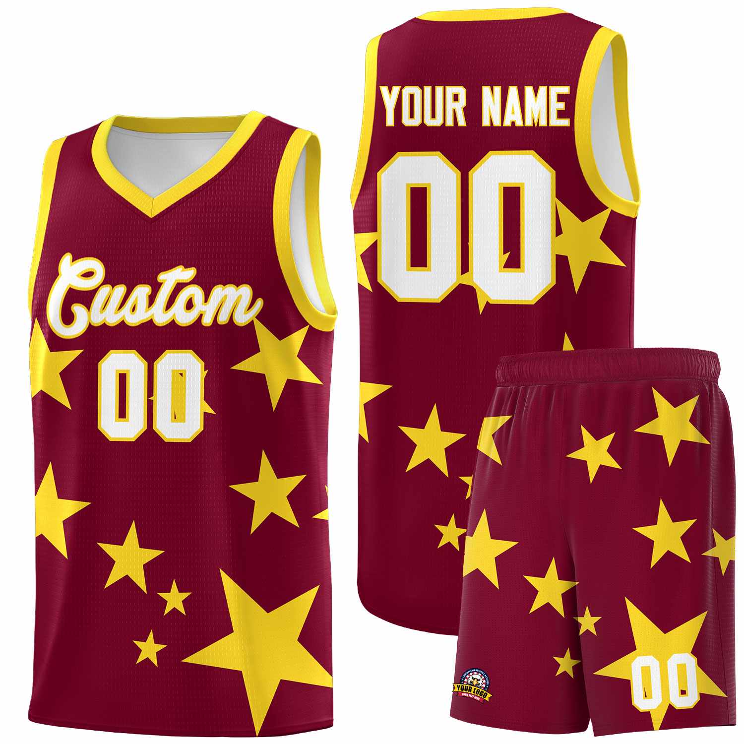 Custom Crimson Gold Graffiti Pattern Star Print Basketball Kits Sets