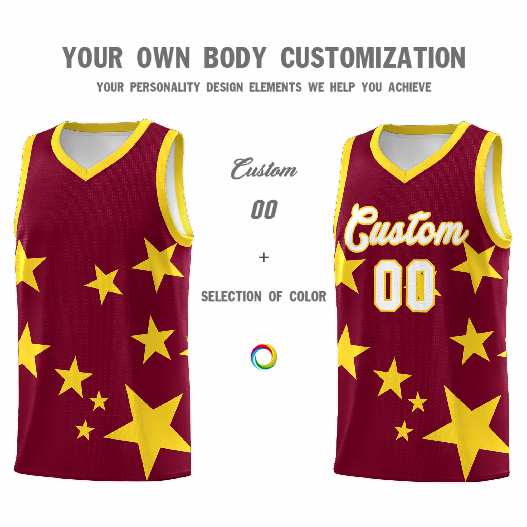 Custom Crimson Gold Graffiti Pattern Star Print Basketball Kits Sets