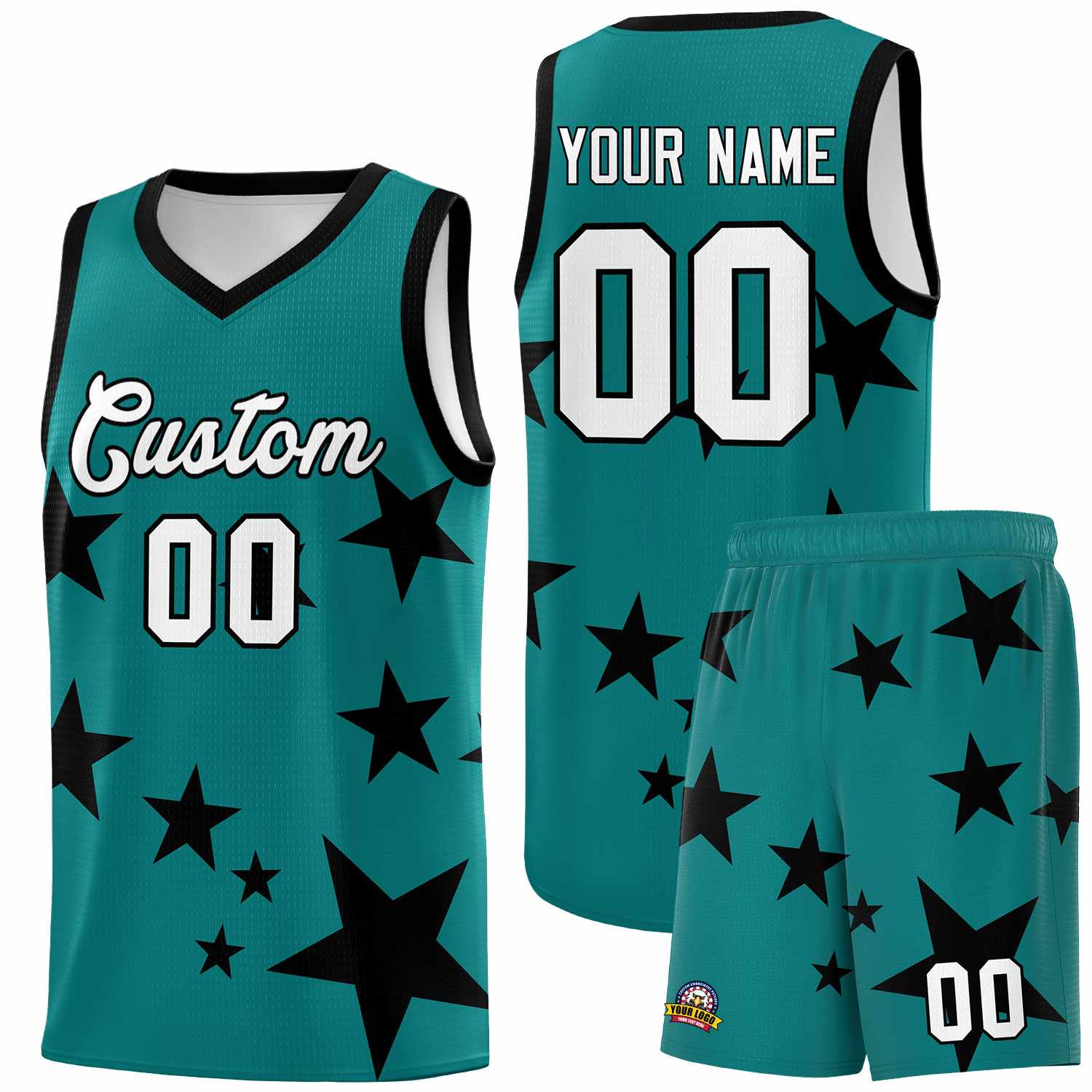 Custom Aqua Black Graffiti Pattern Star Print Basketball Kits Sets