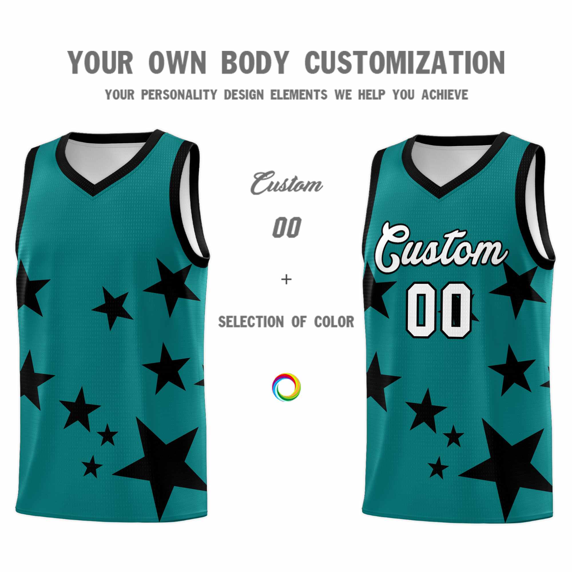 Custom Aqua Black Graffiti Pattern Star Print Basketball Kits Sets