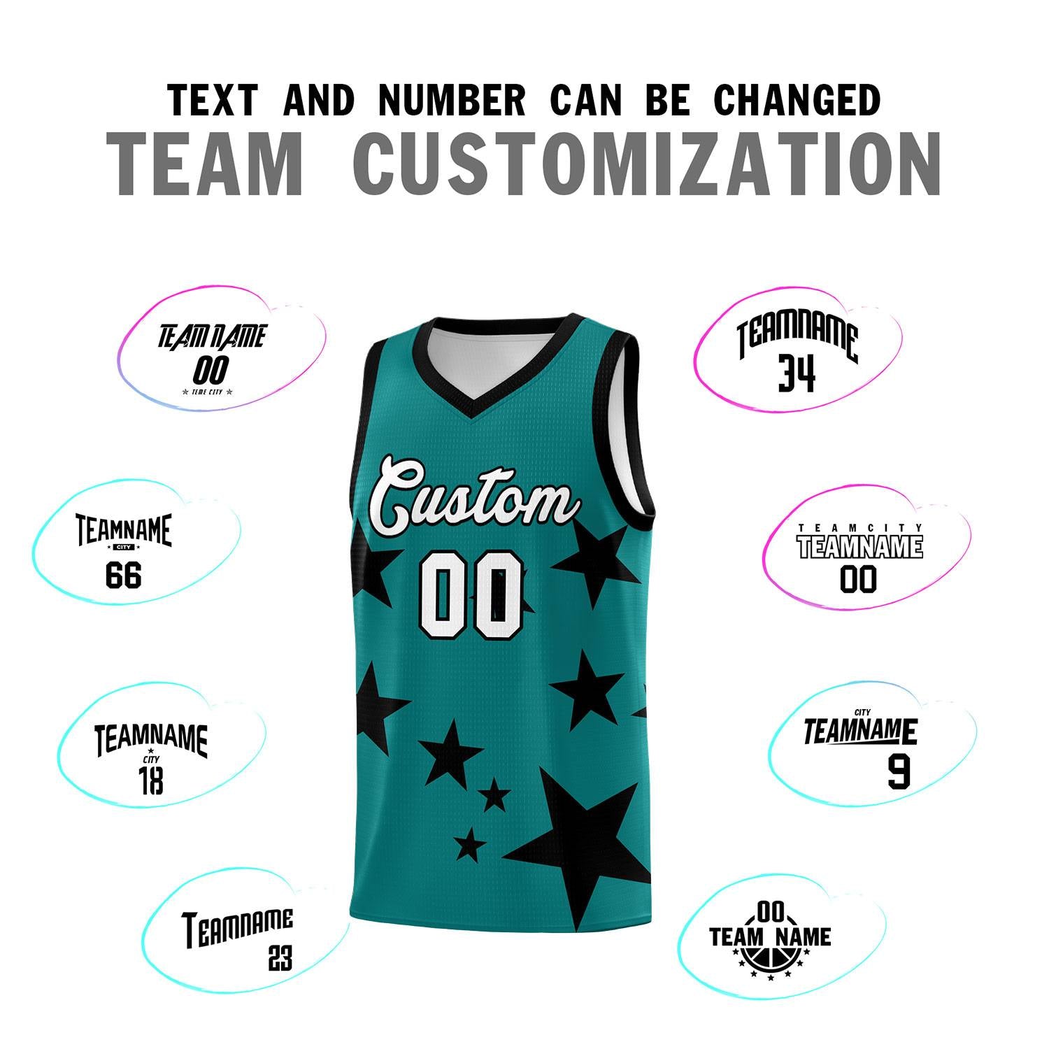 Custom Aqua Black Graffiti Pattern Star Print Basketball Kits Sets