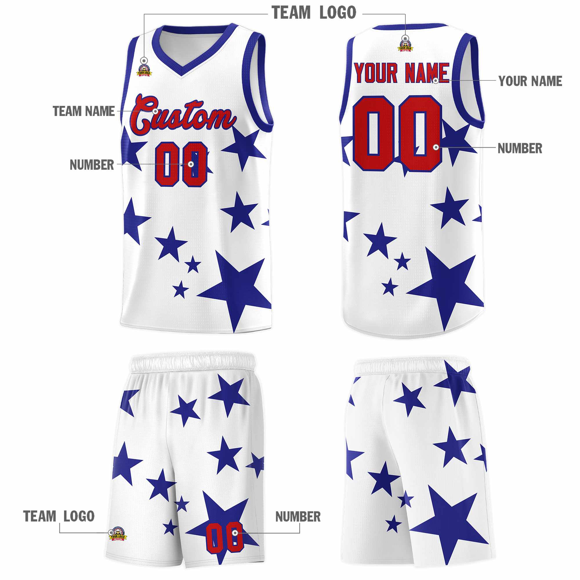Custom White Royal Graffiti Pattern Star Print Basketball Kits Sets
