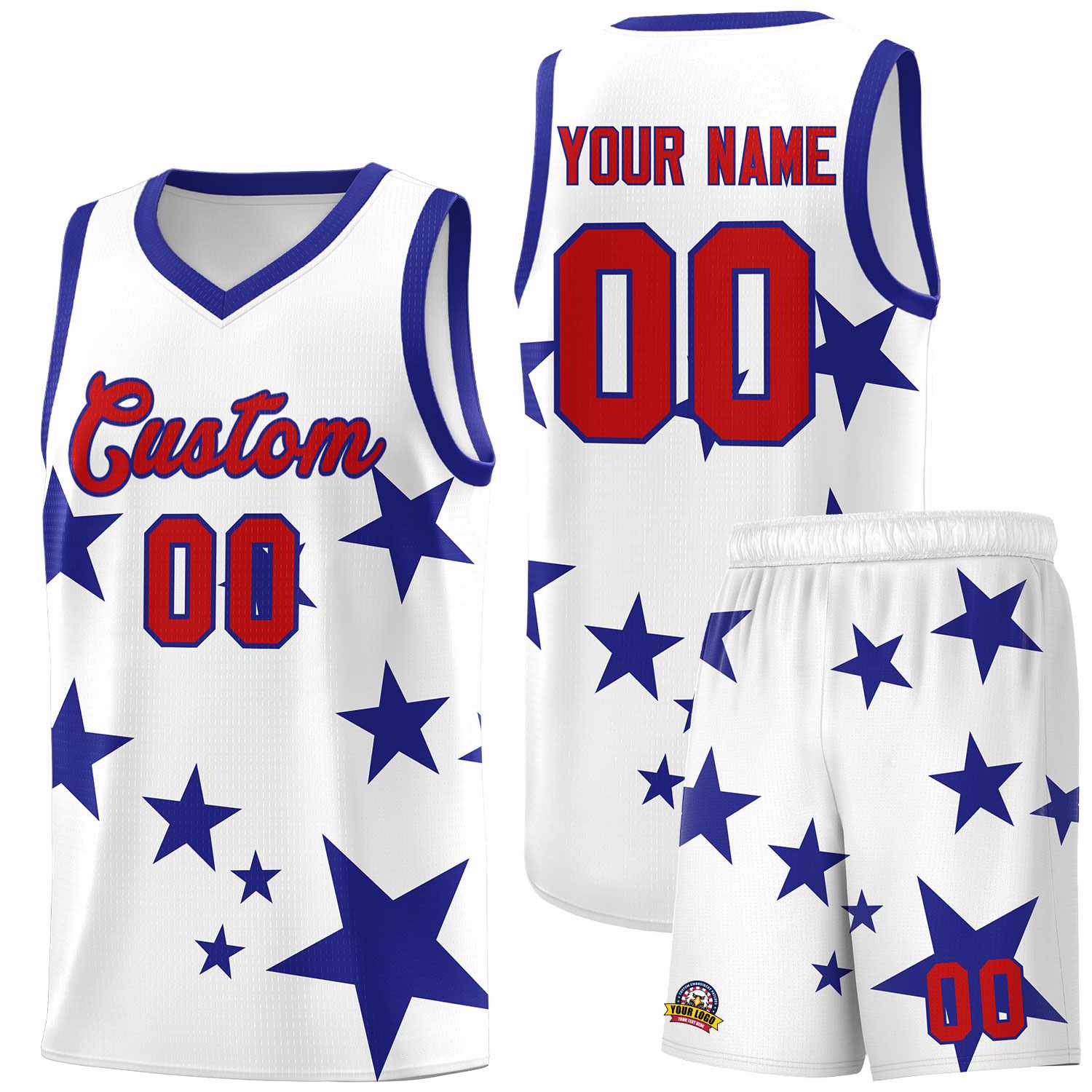 Custom White Royal Graffiti Pattern Star Print Basketball Kits Sets