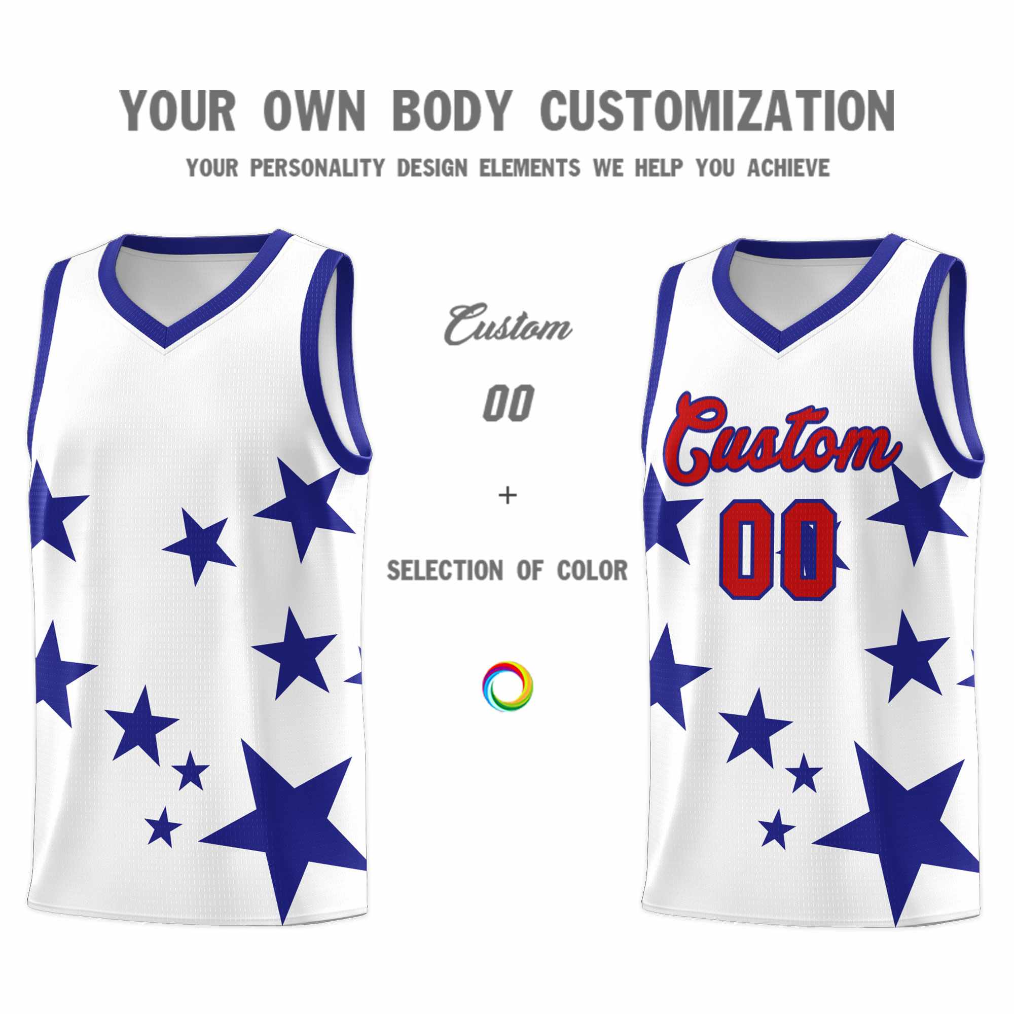 Custom White Royal Graffiti Pattern Star Print Basketball Kits Sets