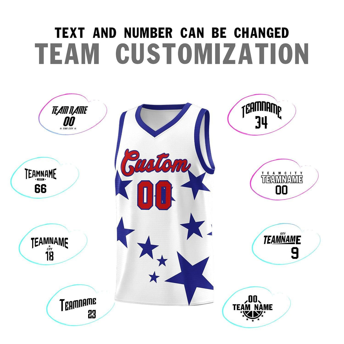 Custom White Royal Graffiti Pattern Star Print Basketball Kits Sets