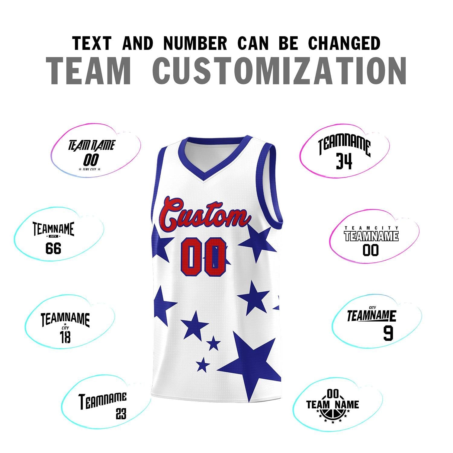 Custom White Royal Graffiti Pattern Star Print Basketball Kits Sets