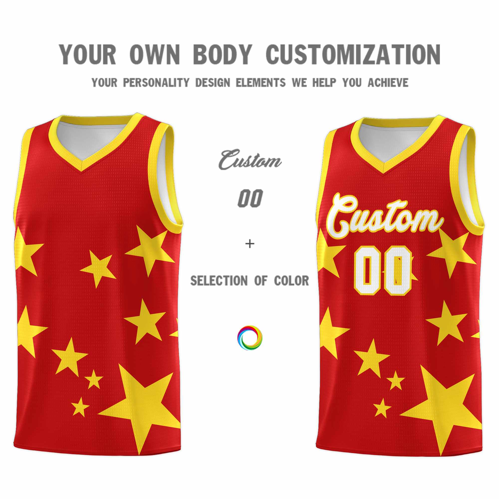 Custom Red Gold Graffiti Pattern Star Print Basketball Kits Sets