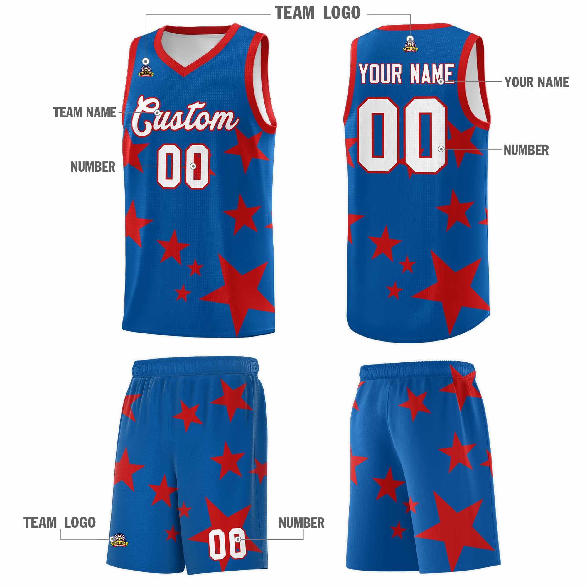 Custom Royal Red Graffiti Pattern Star Print Basketball Kits Sets