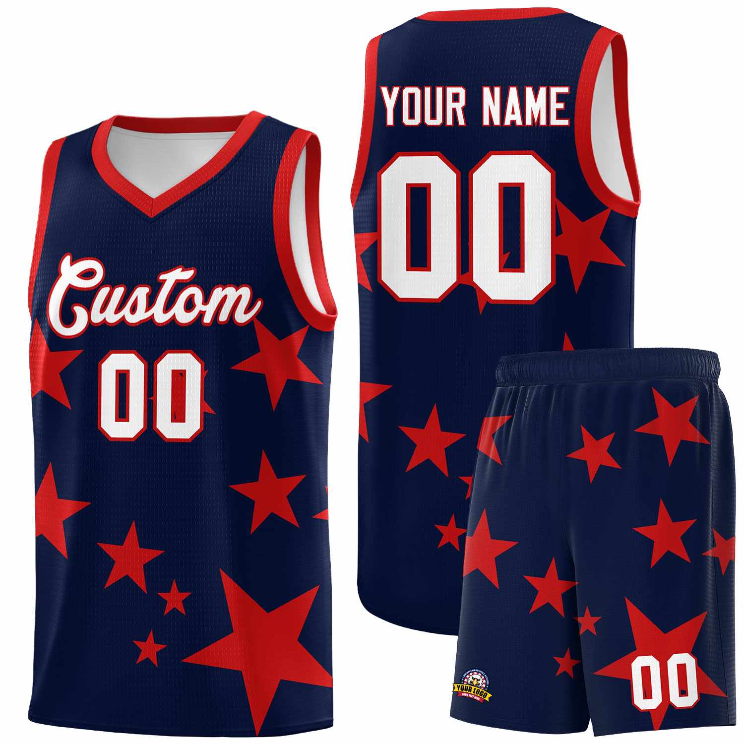 Custom Navy Red Graffiti Pattern Star Print Basketball Kits Sets