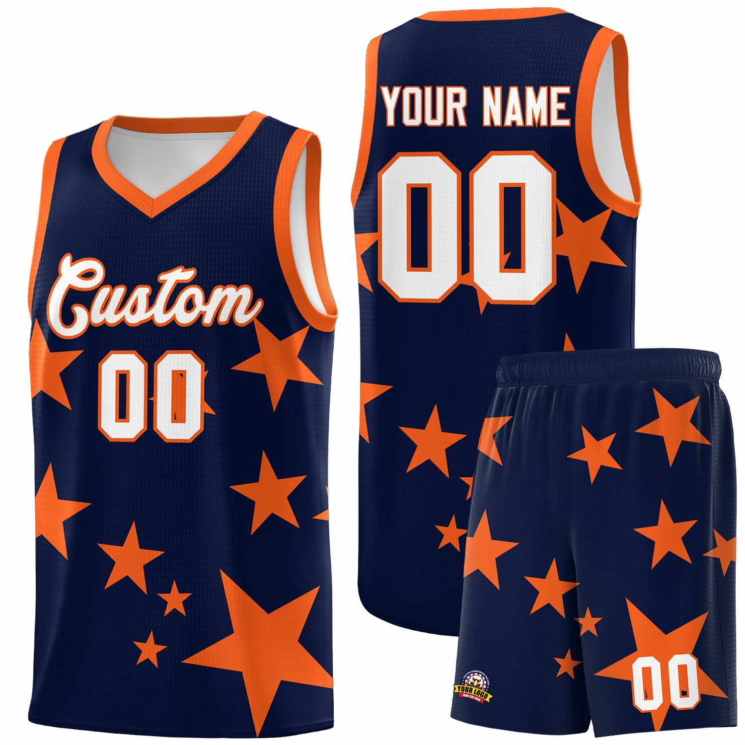 Custom Navy Orange Graffiti Pattern Star Print Basketball Kits Sets