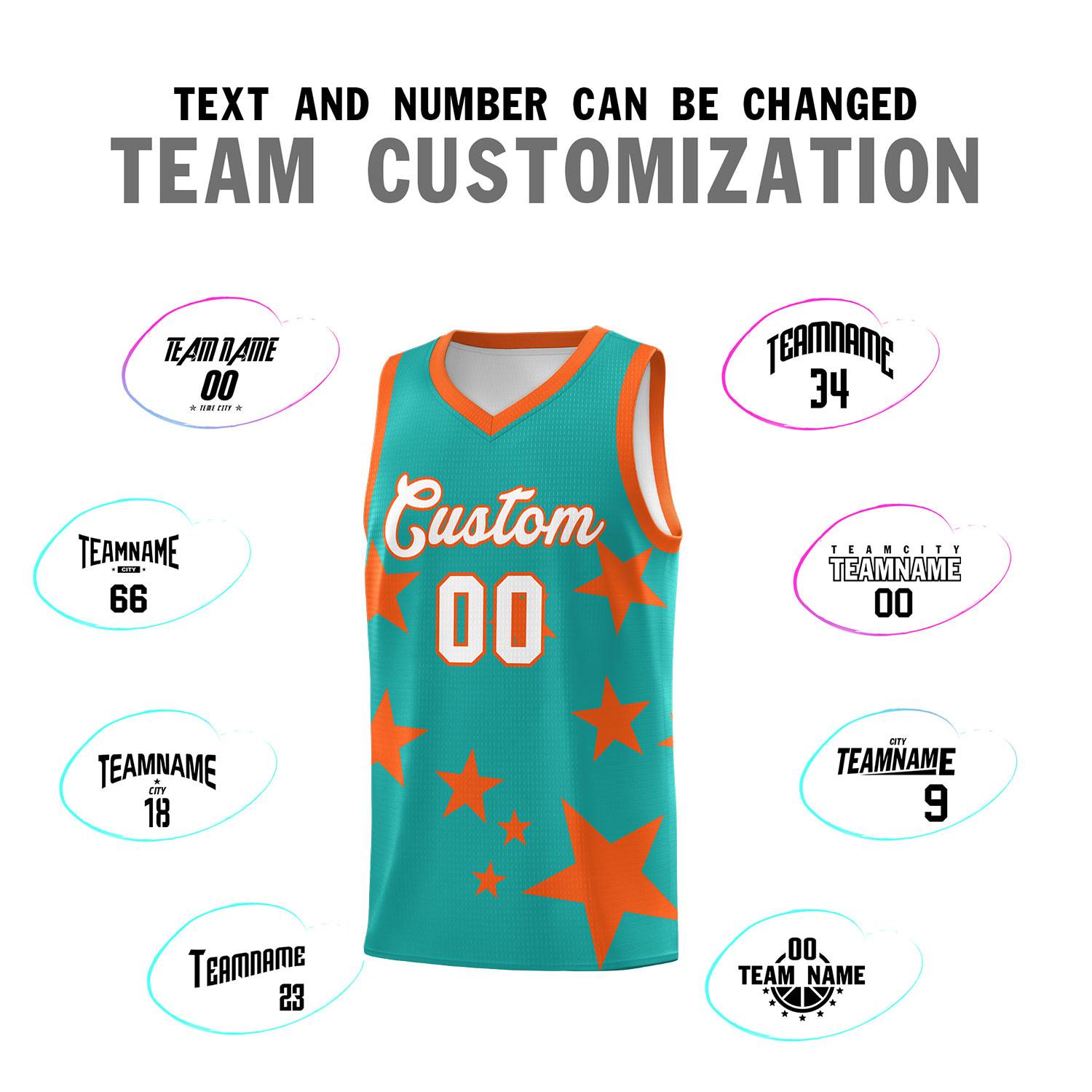 Custom Aqua Orange Graffiti Pattern Star Print Basketball Kits Sets