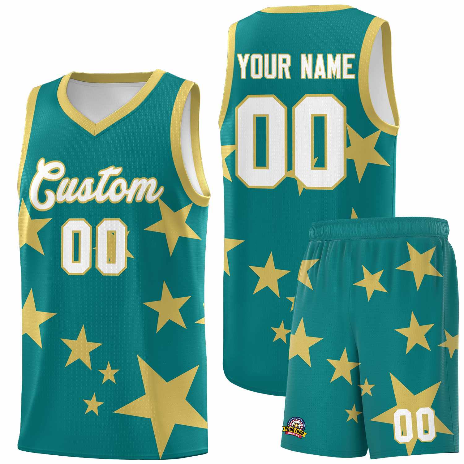 Custom Aqua Old Gold Graffiti Pattern Star Print Basketball Kits Sets