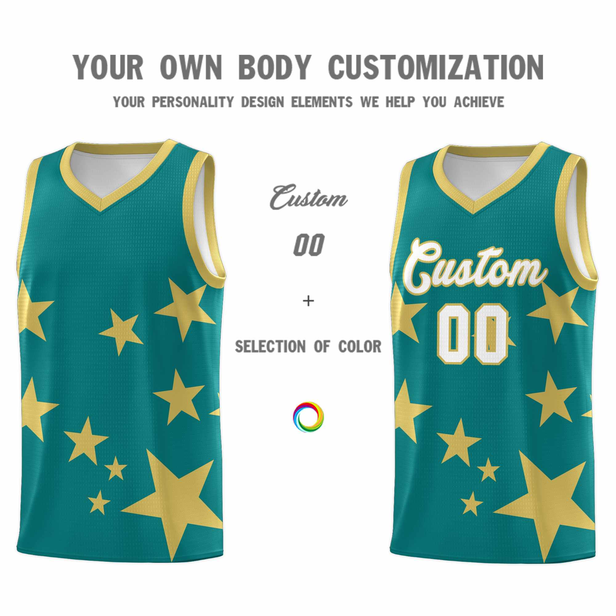 Custom Aqua Old Gold Graffiti Pattern Star Print Basketball Kits Sets