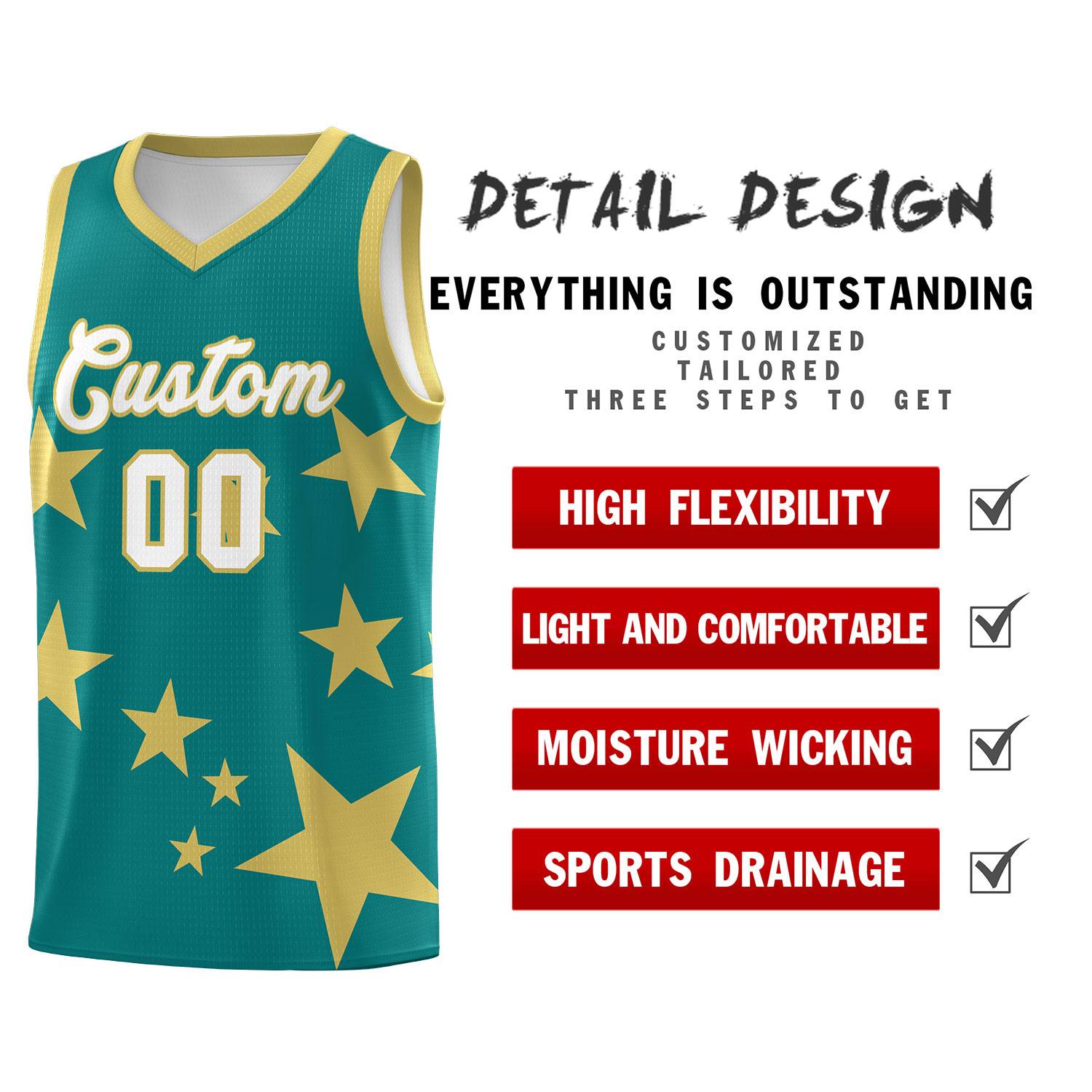 Custom Aqua Old Gold Graffiti Pattern Star Print Basketball Kits Sets