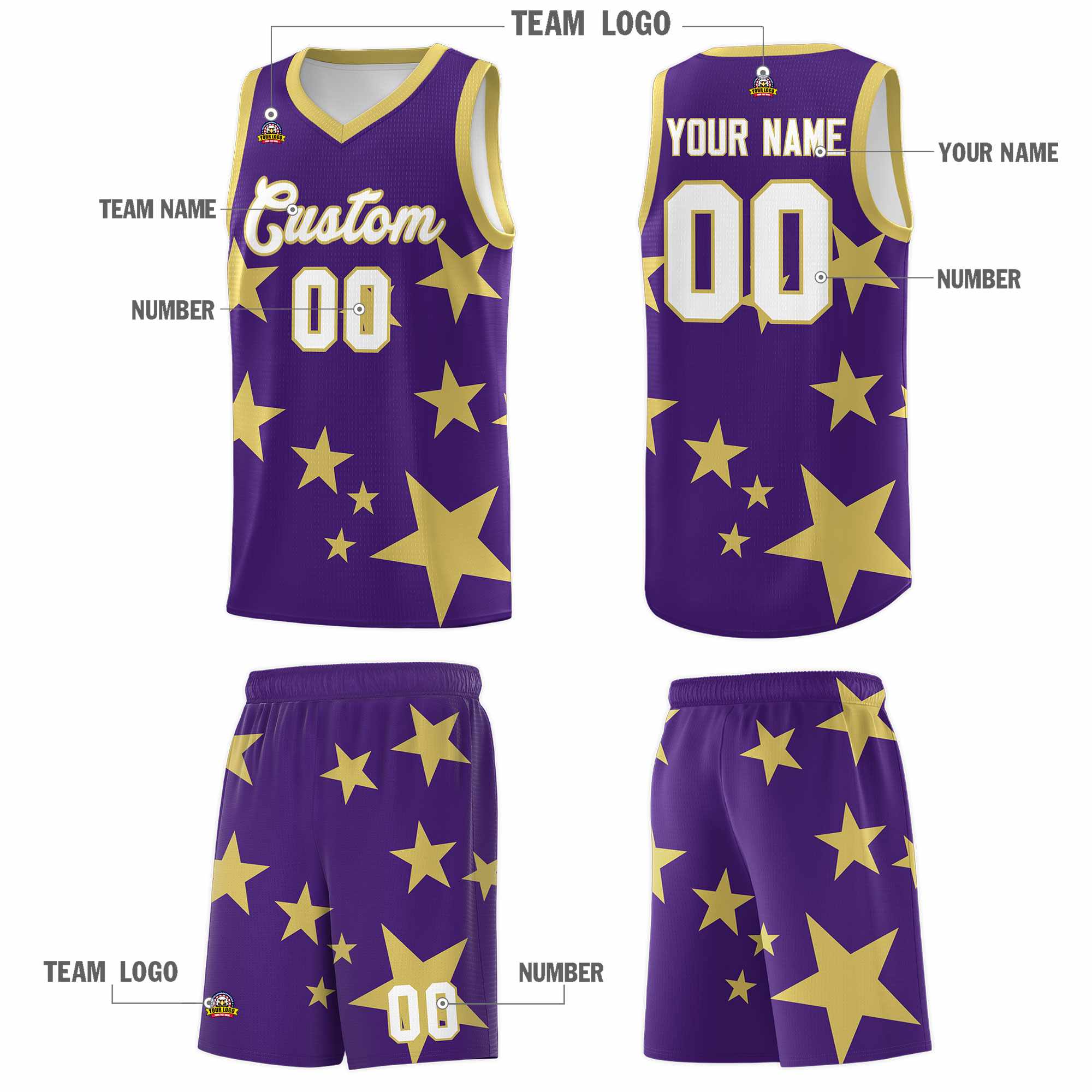 Custom Purple Old Gold Graffiti Pattern Star Print Basketball Kits Sets
