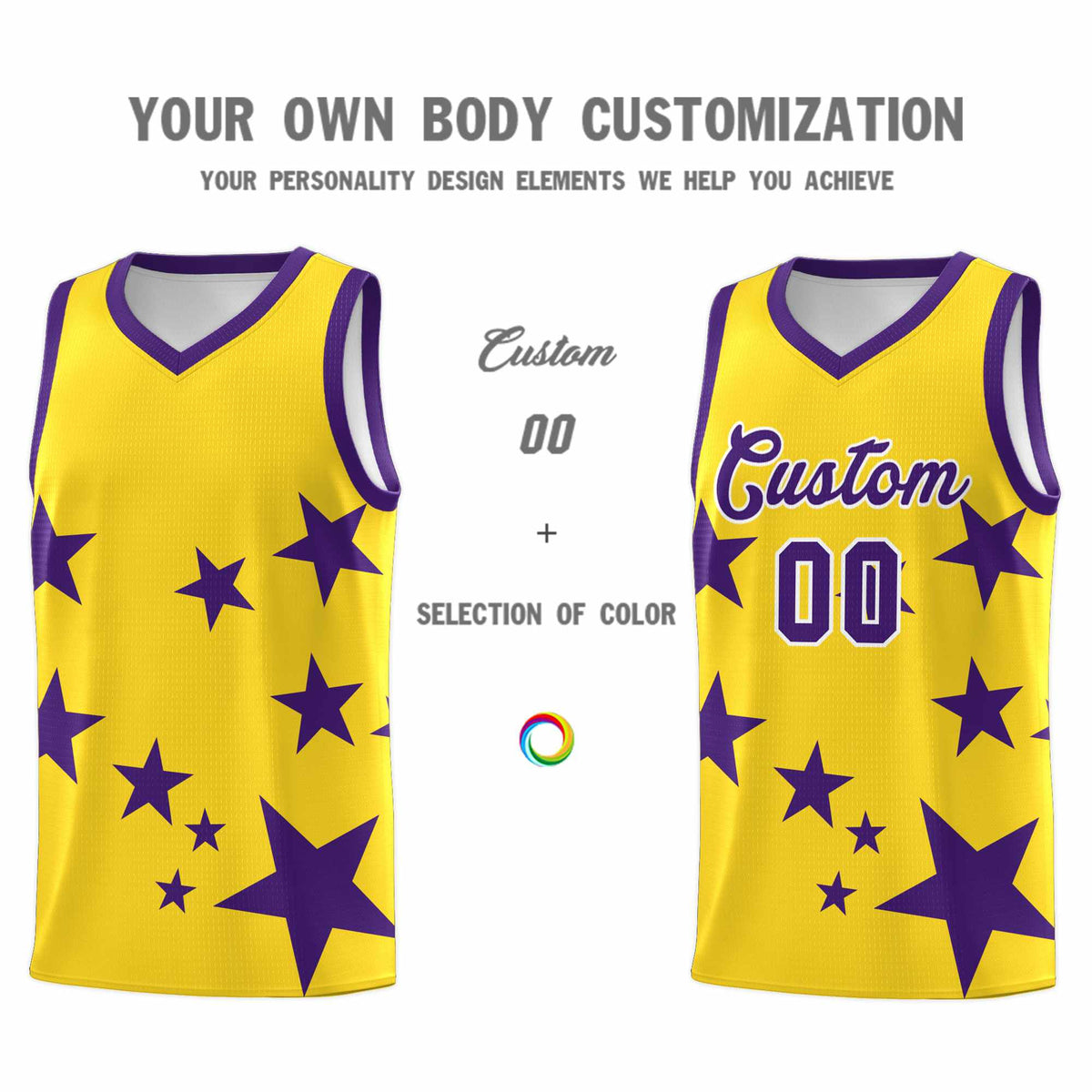 Custom Gold Purple Graffiti Pattern Star Print Basketball Kits Sets