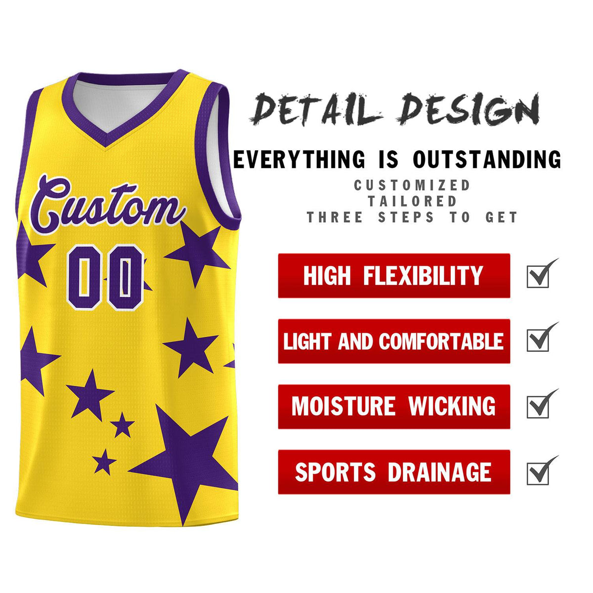 Custom Gold Purple Graffiti Pattern Star Print Basketball Kits Sets