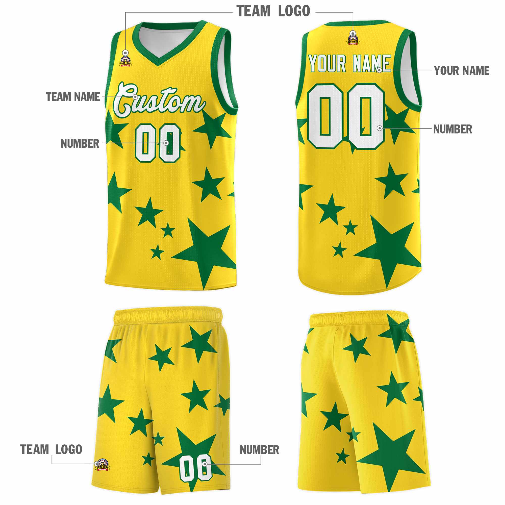 Custom Gold Kelly Green Graffiti Pattern Star Print Basketball Kits Sets