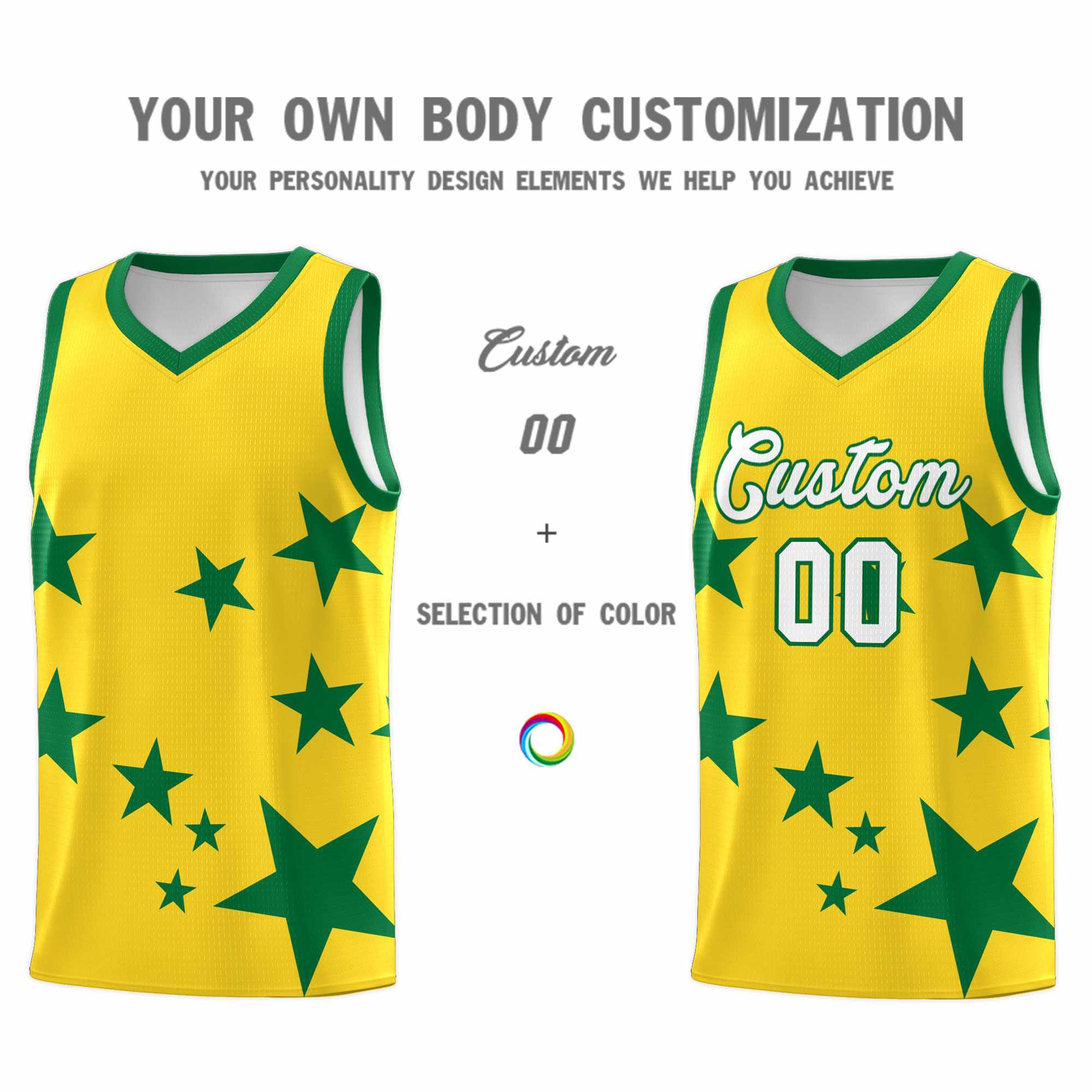 Custom Gold Kelly Green Graffiti Pattern Star Print Basketball Kits Sets