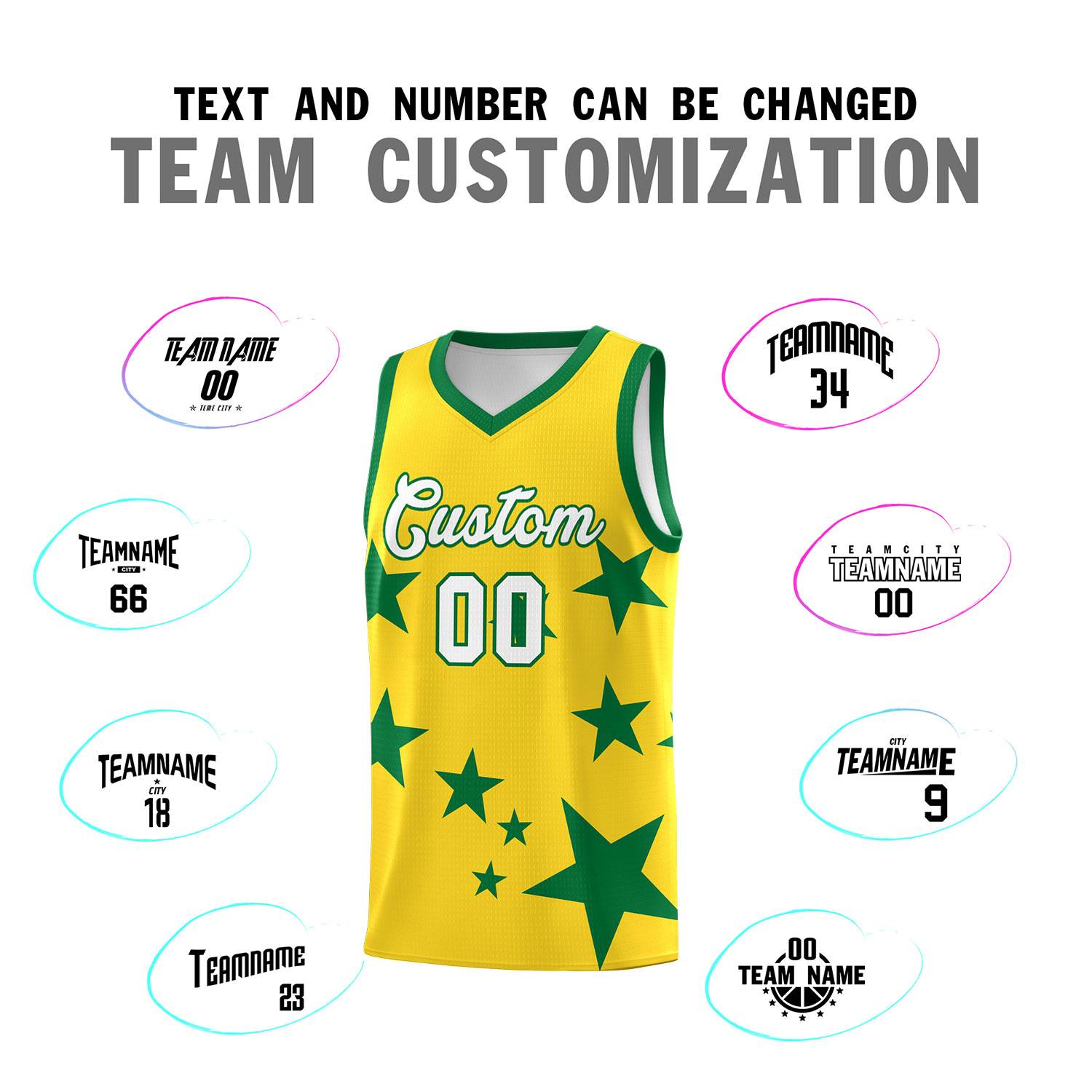 Custom Gold Kelly Green Graffiti Pattern Star Print Basketball Kits Sets