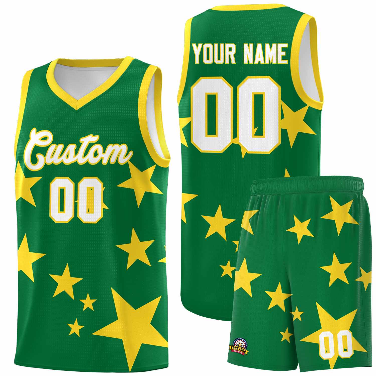 Custom Kelly Green Gold Graffiti Pattern Star Print Basketball Kits Sets