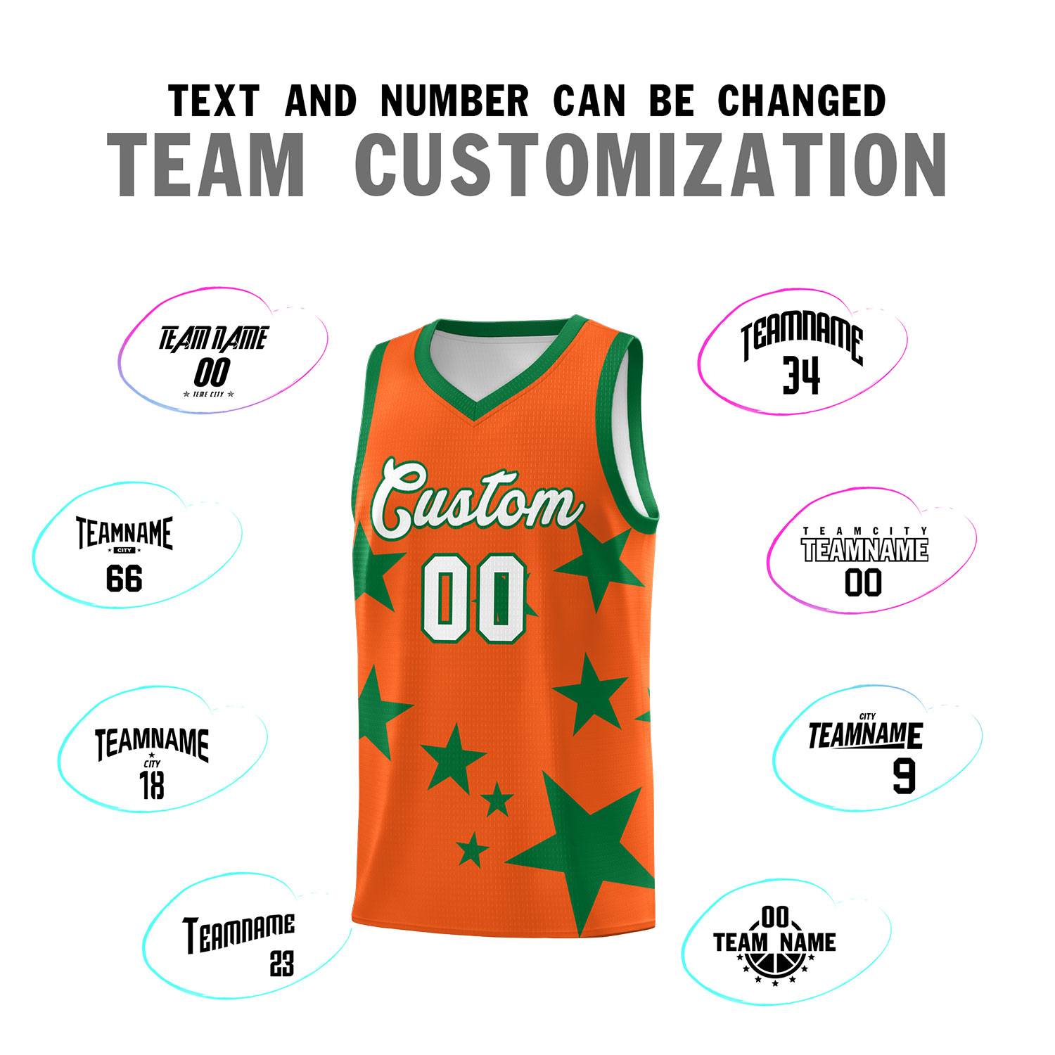 Custom Orange Kelly Green Graffiti Pattern Star Print Basketball Kits Sets