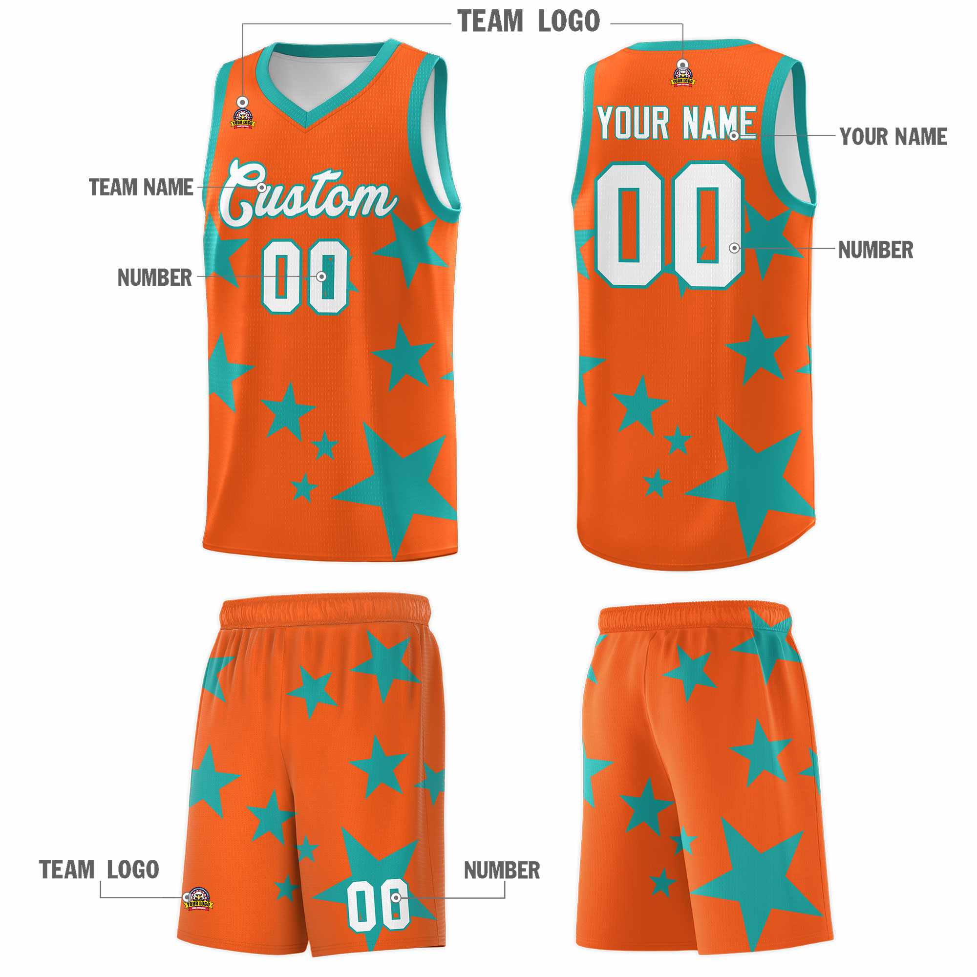 Custom Orange Aqua Graffiti Pattern Star Print Basketball Kits Sets
