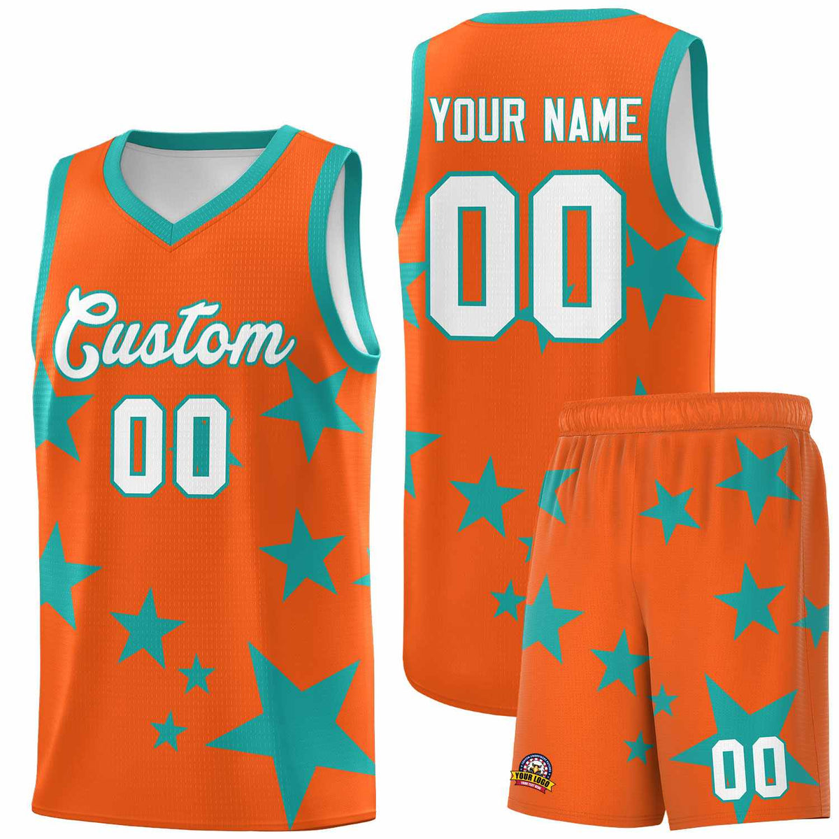 Custom Orange Aqua Graffiti Pattern Star Print Basketball Kits Sets