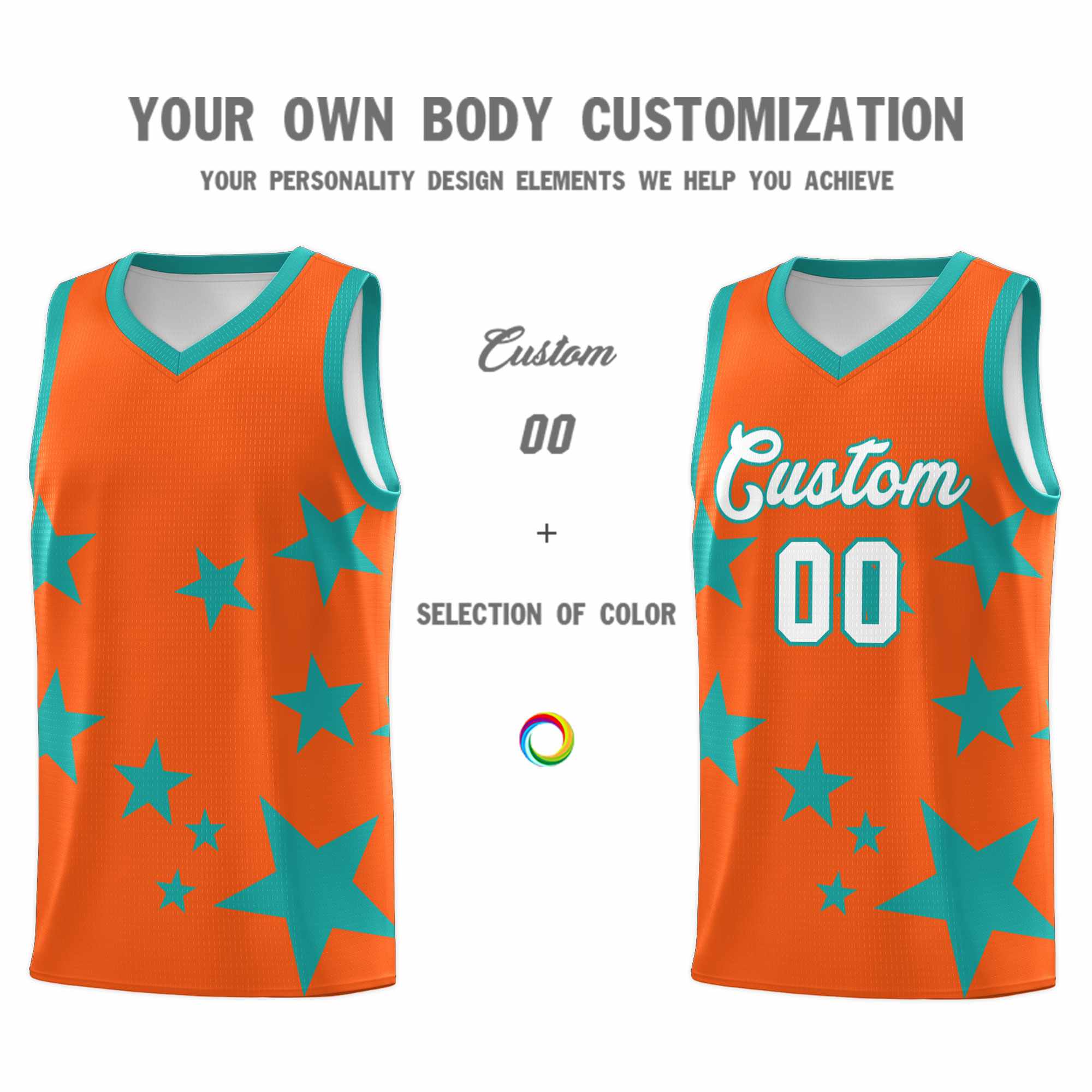 Custom Orange Aqua Graffiti Pattern Star Print Basketball Kits Sets