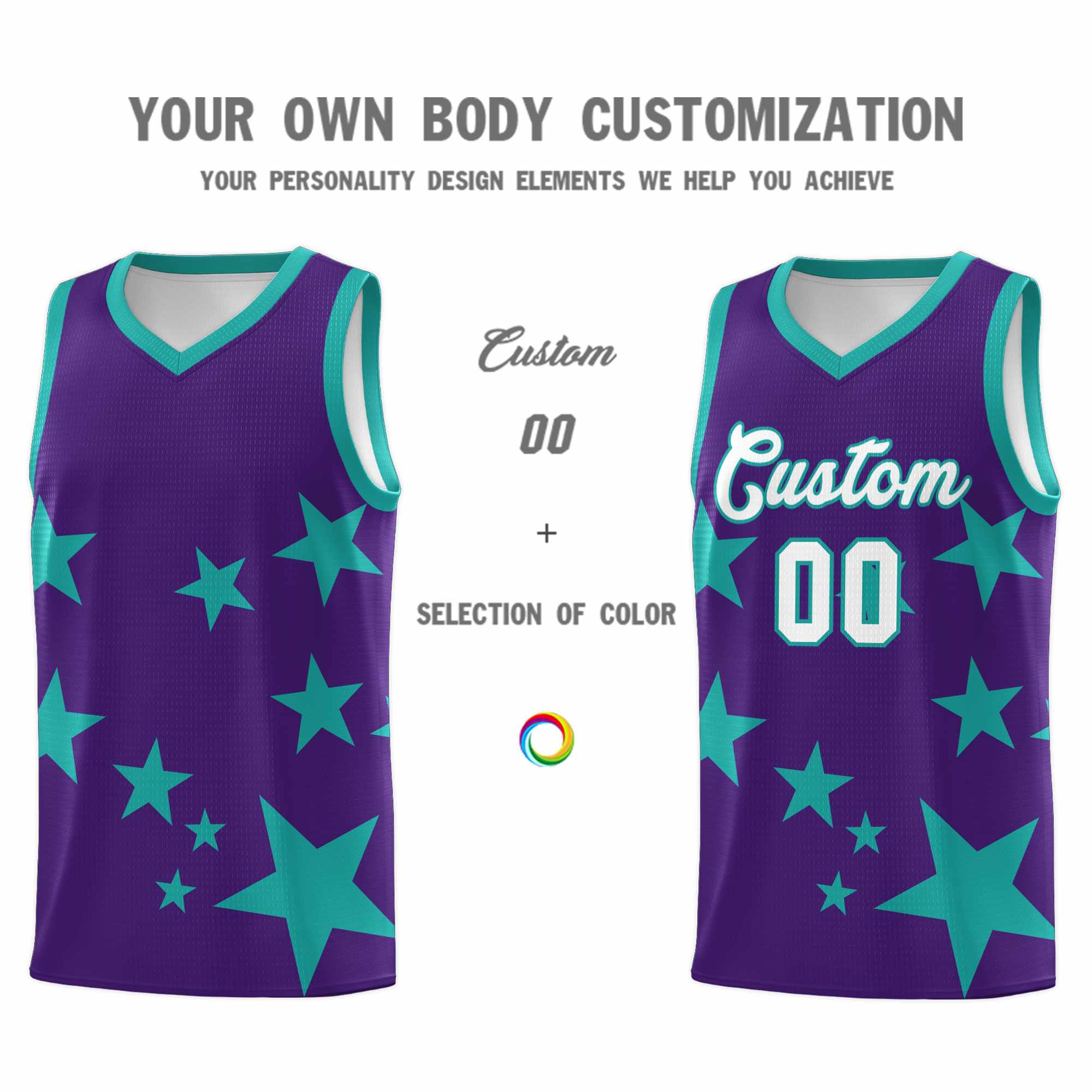 Custom Purple Aqua Graffiti Pattern Star Print Basketball Kits Sets