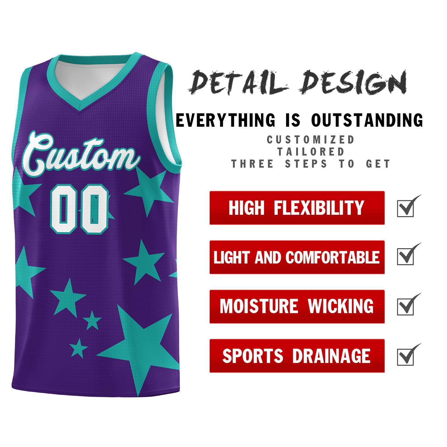 Custom Purple Aqua Graffiti Pattern Star Print Basketball Kits Sets