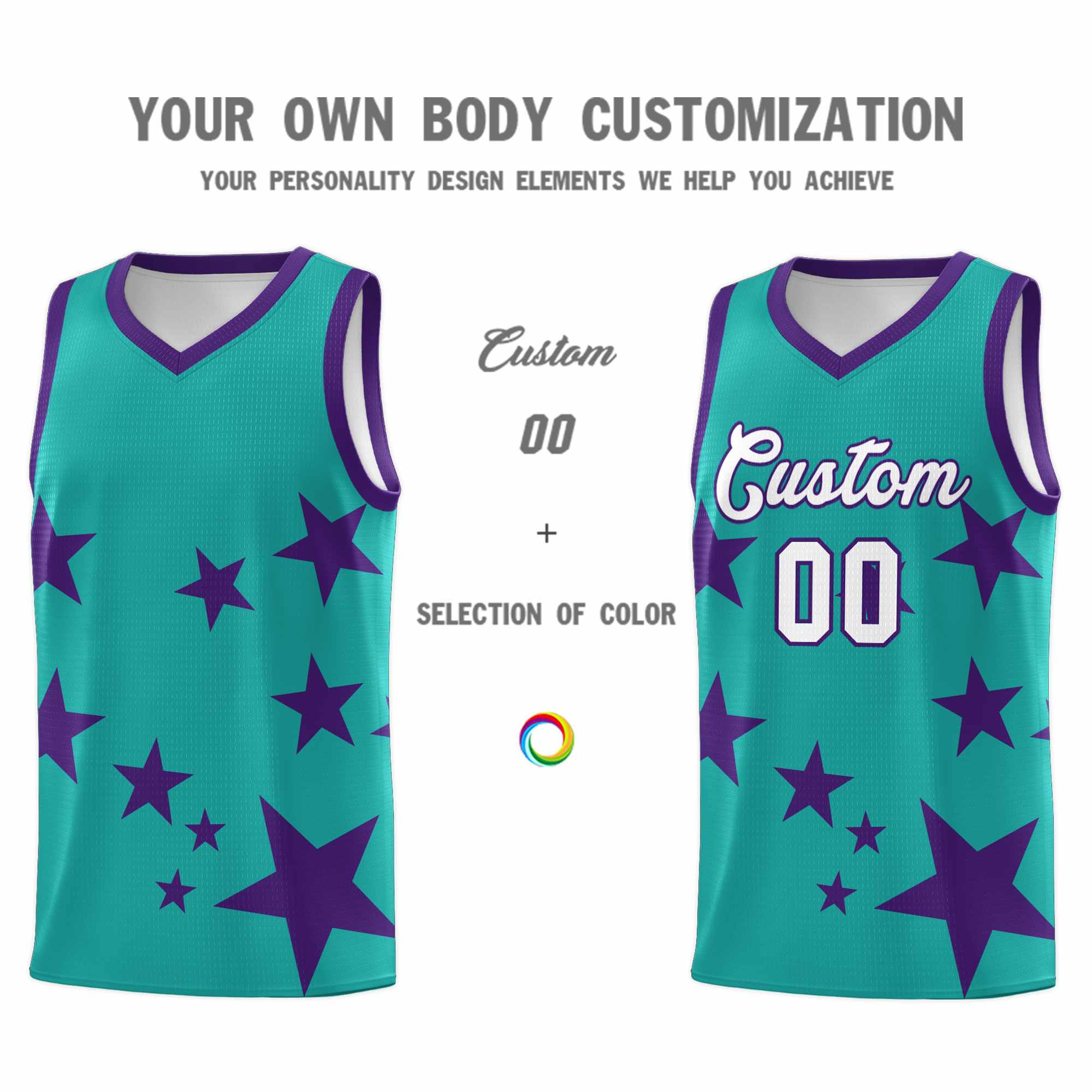 Custom Aqua Purple Graffiti Pattern Star Print Basketball Kits Sets