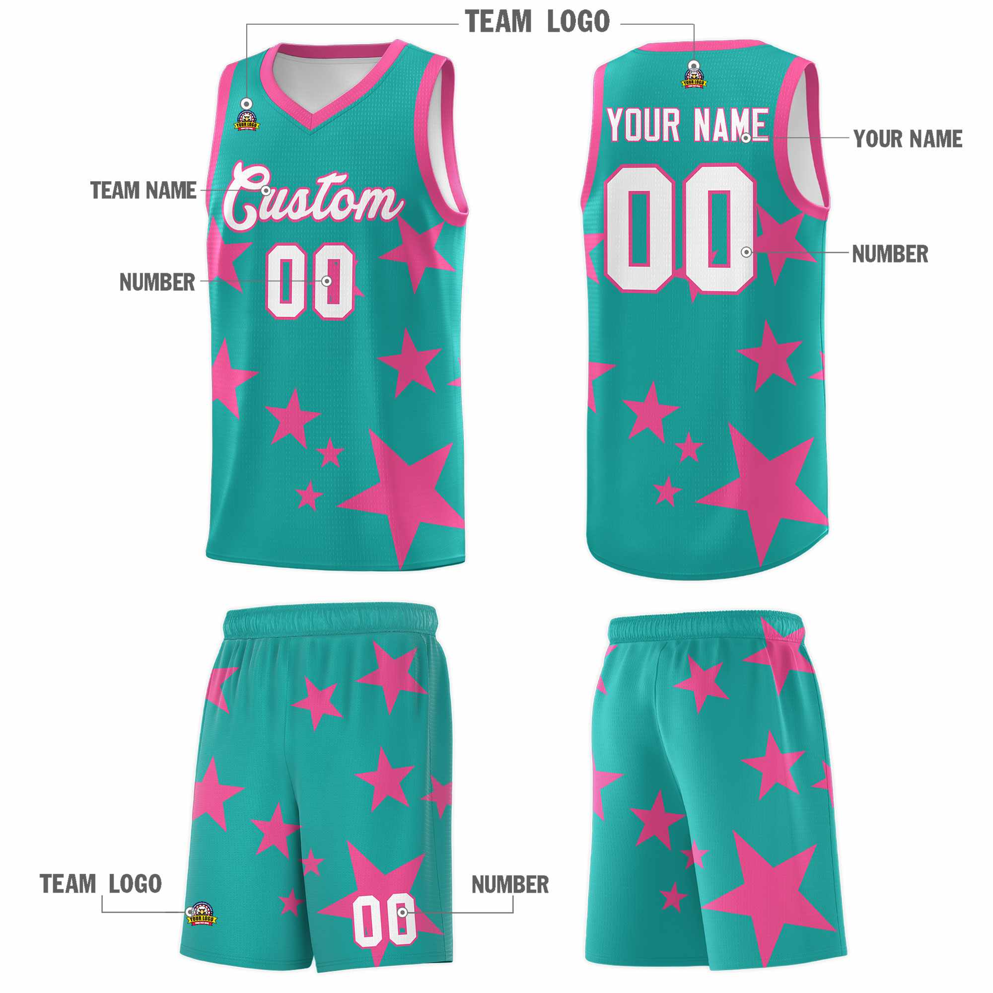 Custom Aqua Pink Graffiti Pattern Star Print Basketball Kits Sets