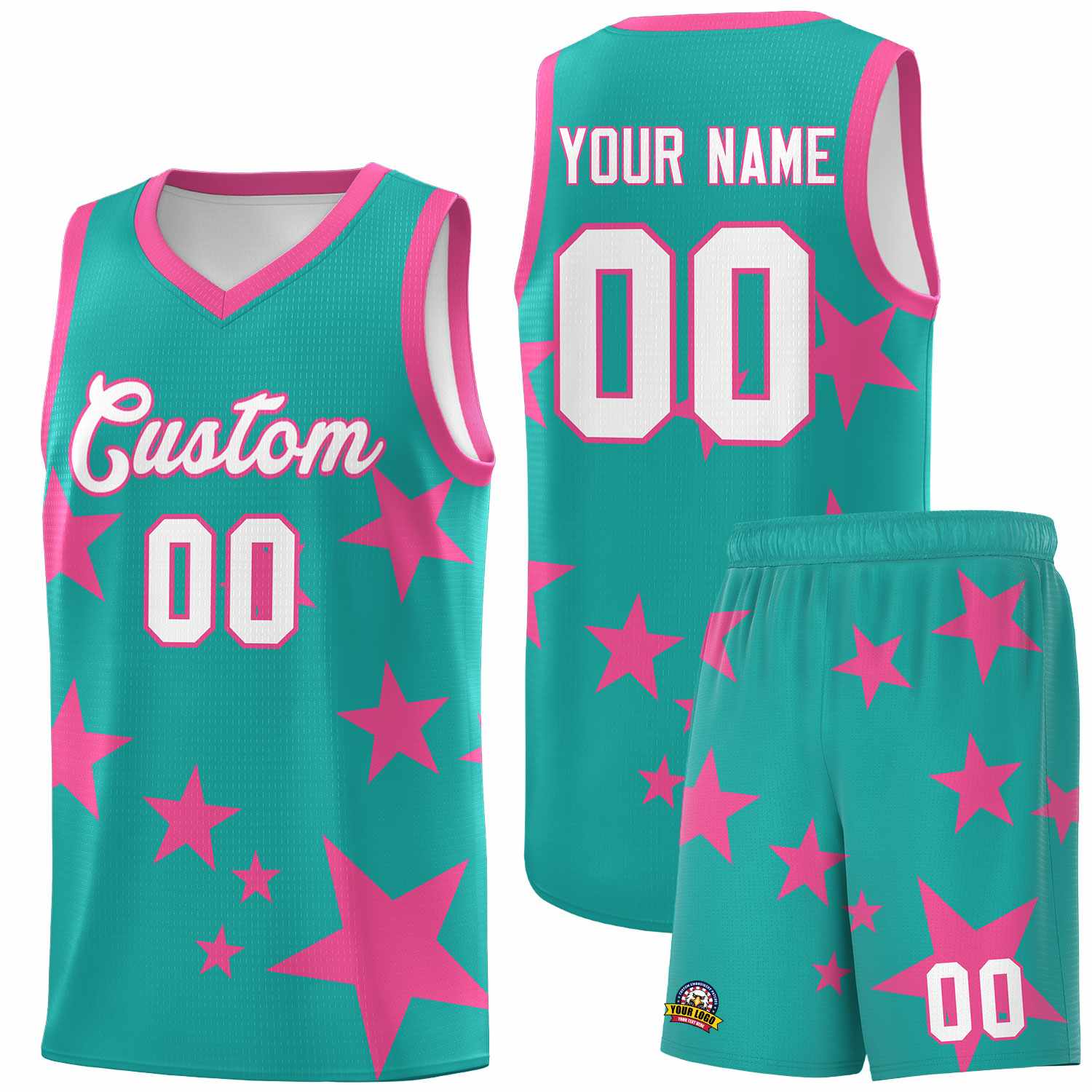 Custom Aqua Pink Graffiti Pattern Star Print Basketball Kits Sets