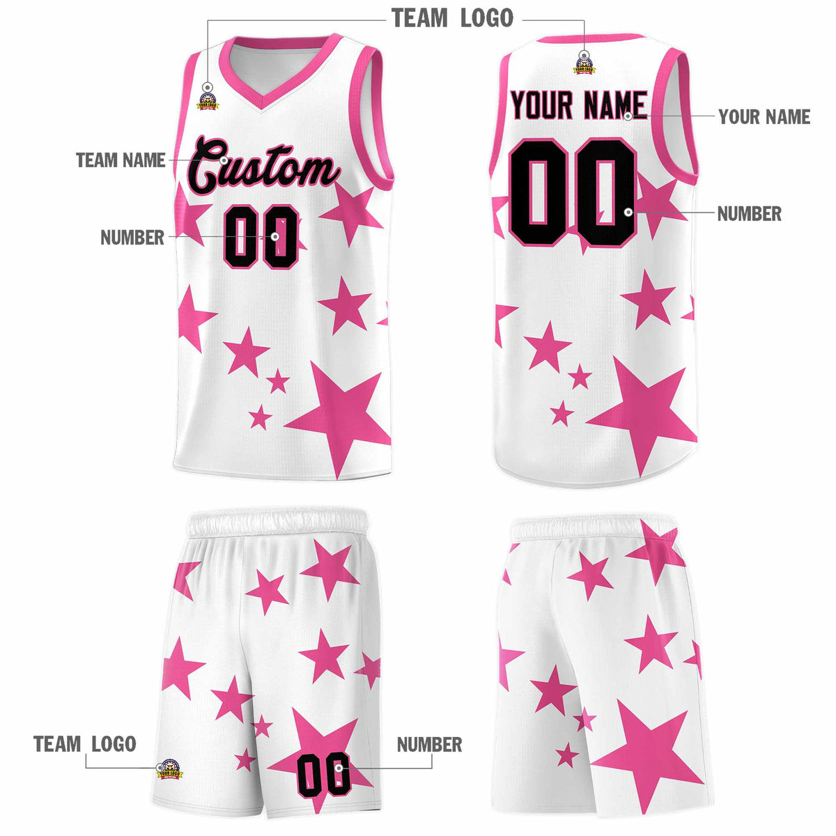 Custom White Pink Graffiti Pattern Star Print Basketball Kits Sets
