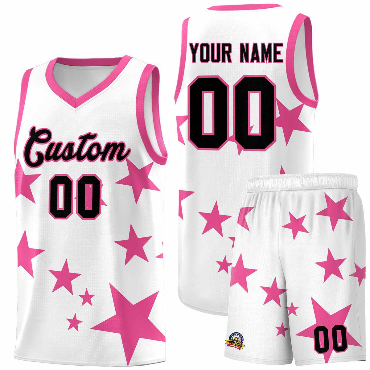 Custom White Pink Graffiti Pattern Star Print Basketball Kits Sets