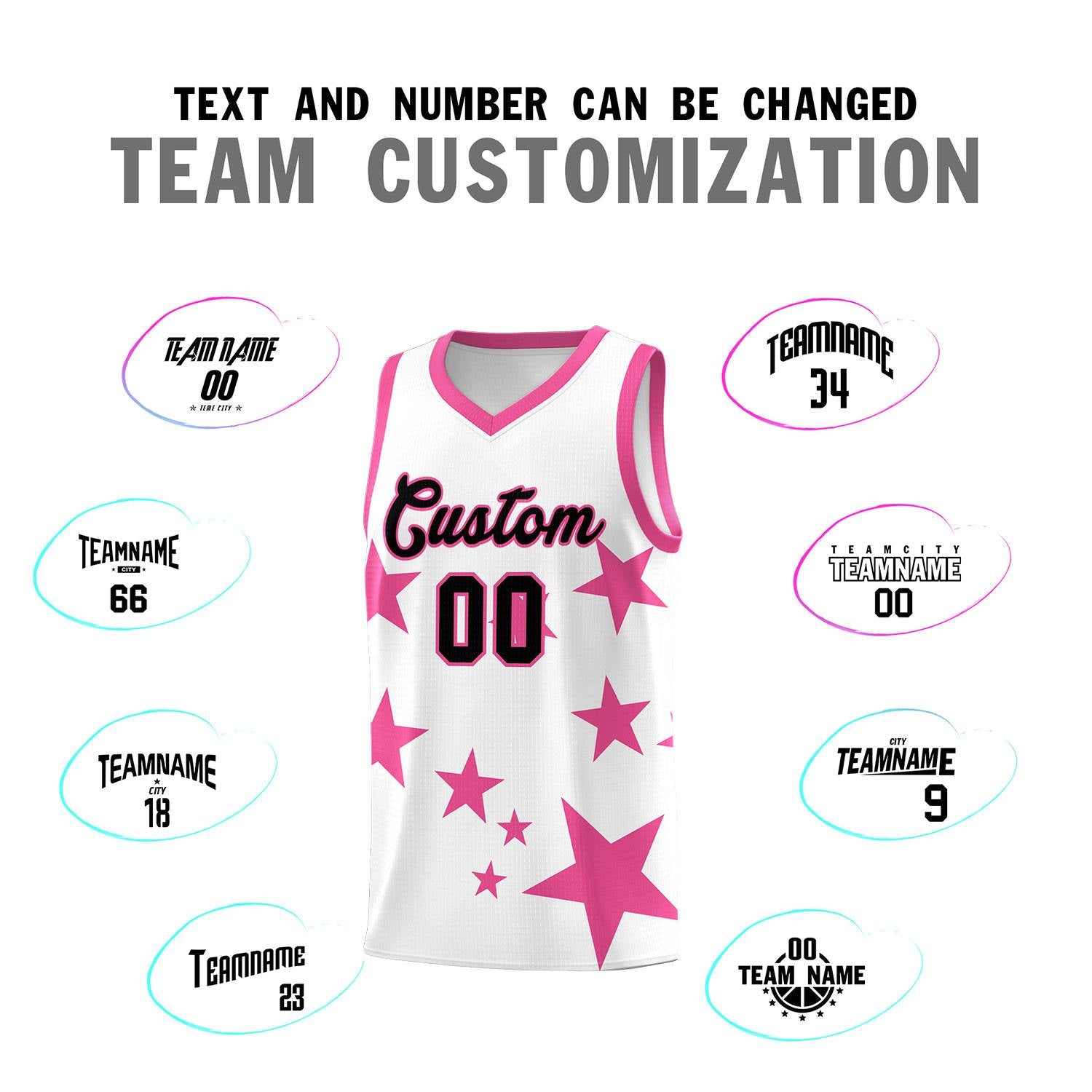 Custom White Pink Graffiti Pattern Star Print Basketball Kits Sets