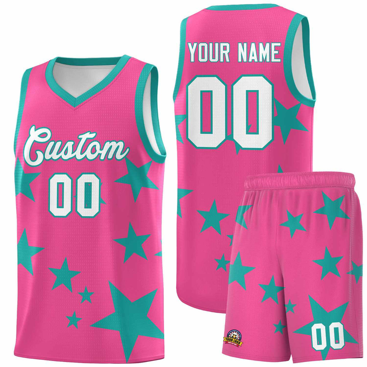 Custom Pink Aqua Graffiti Pattern Star Print Basketball Kits Sets