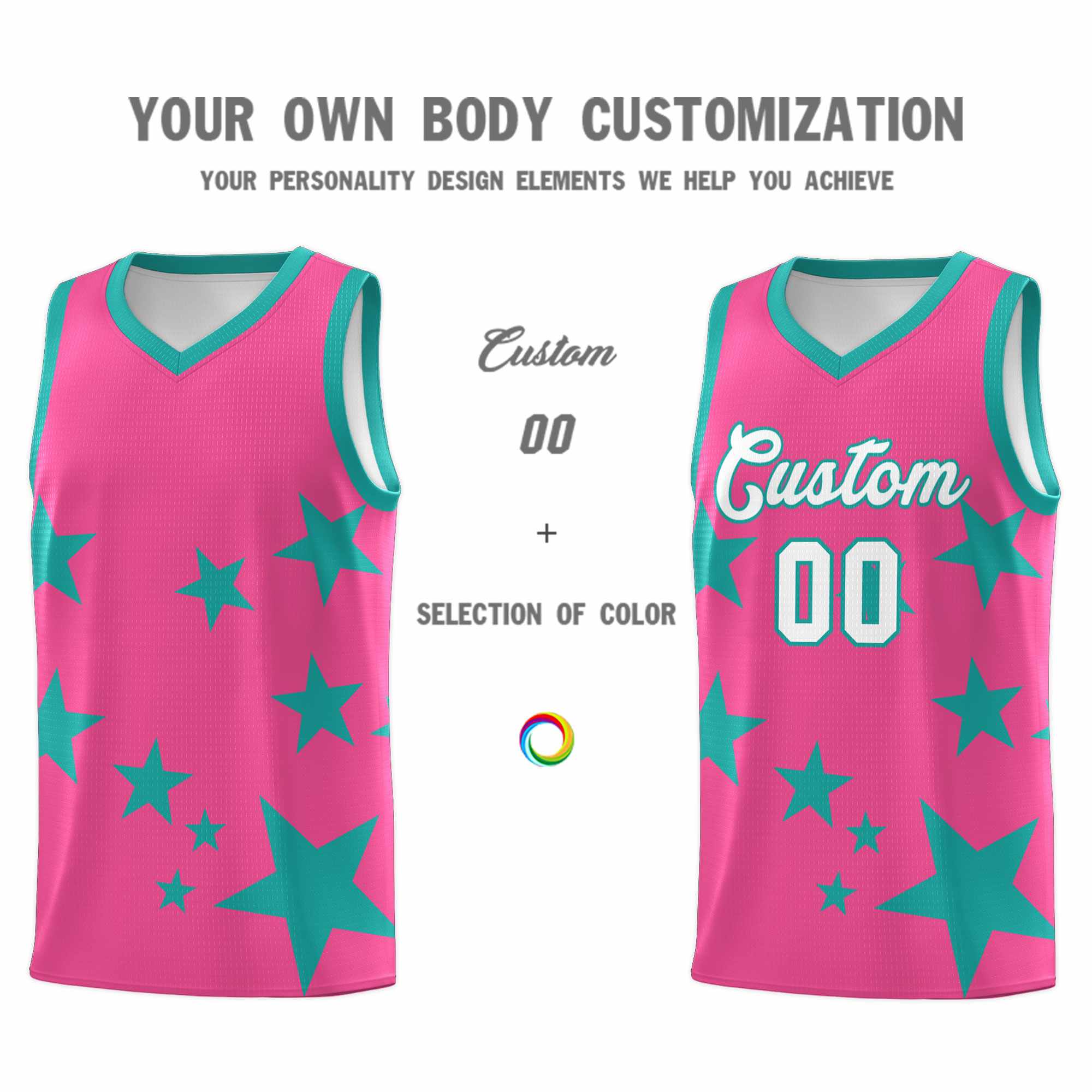 Custom Pink Aqua Graffiti Pattern Star Print Basketball Kits Sets
