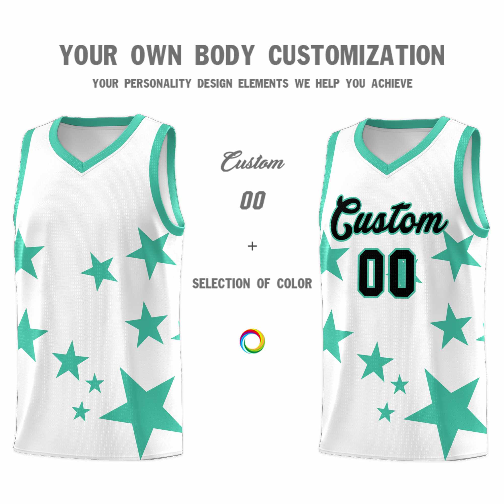 Custom White Bright Green Graffiti Pattern Star Print Basketball Kits Sets