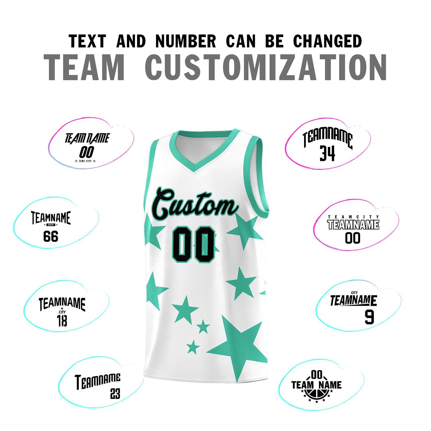 Custom White Bright Green Graffiti Pattern Star Print Basketball Kits Sets