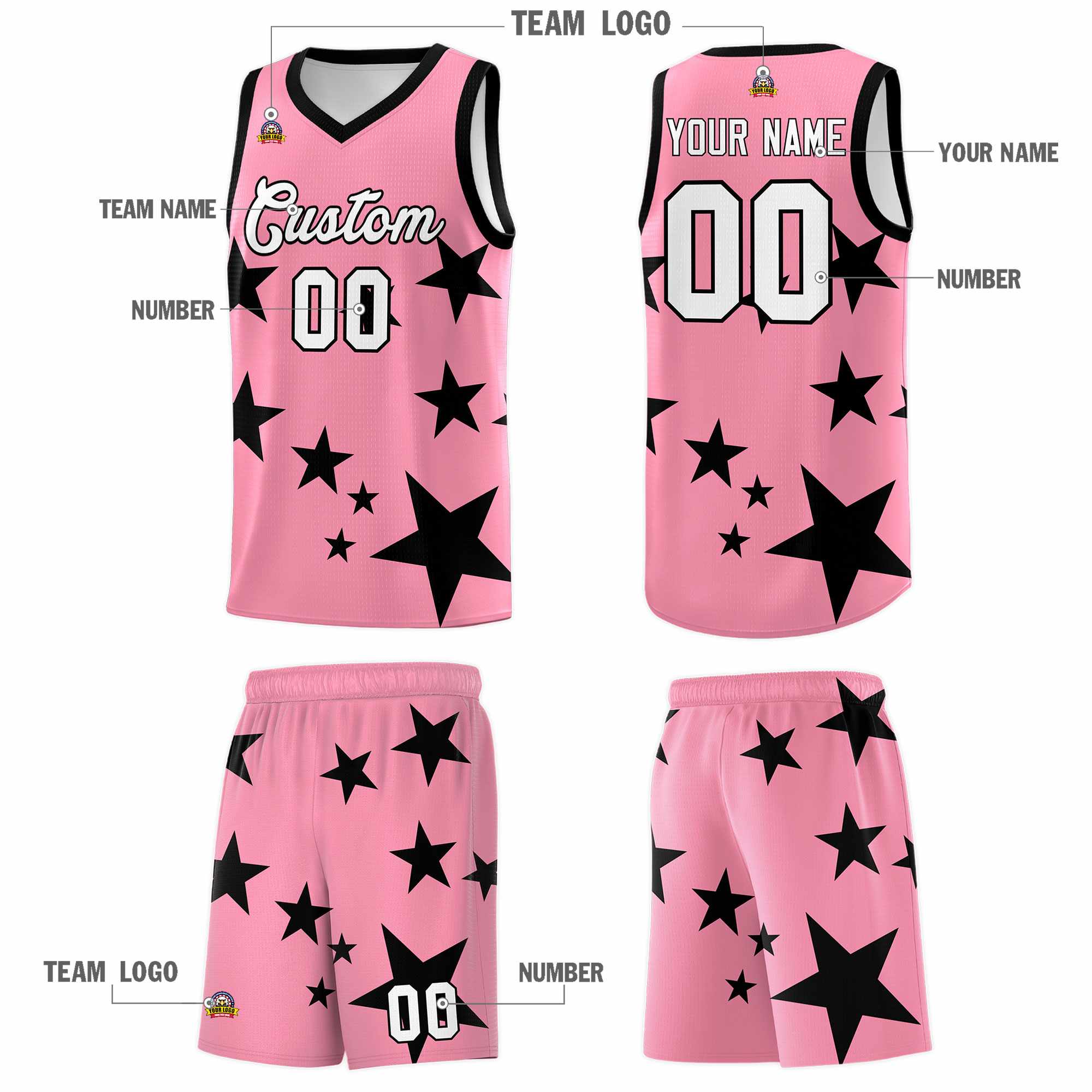Custom Light Pink Black Graffiti Pattern Star Print Basketball Kits Sets