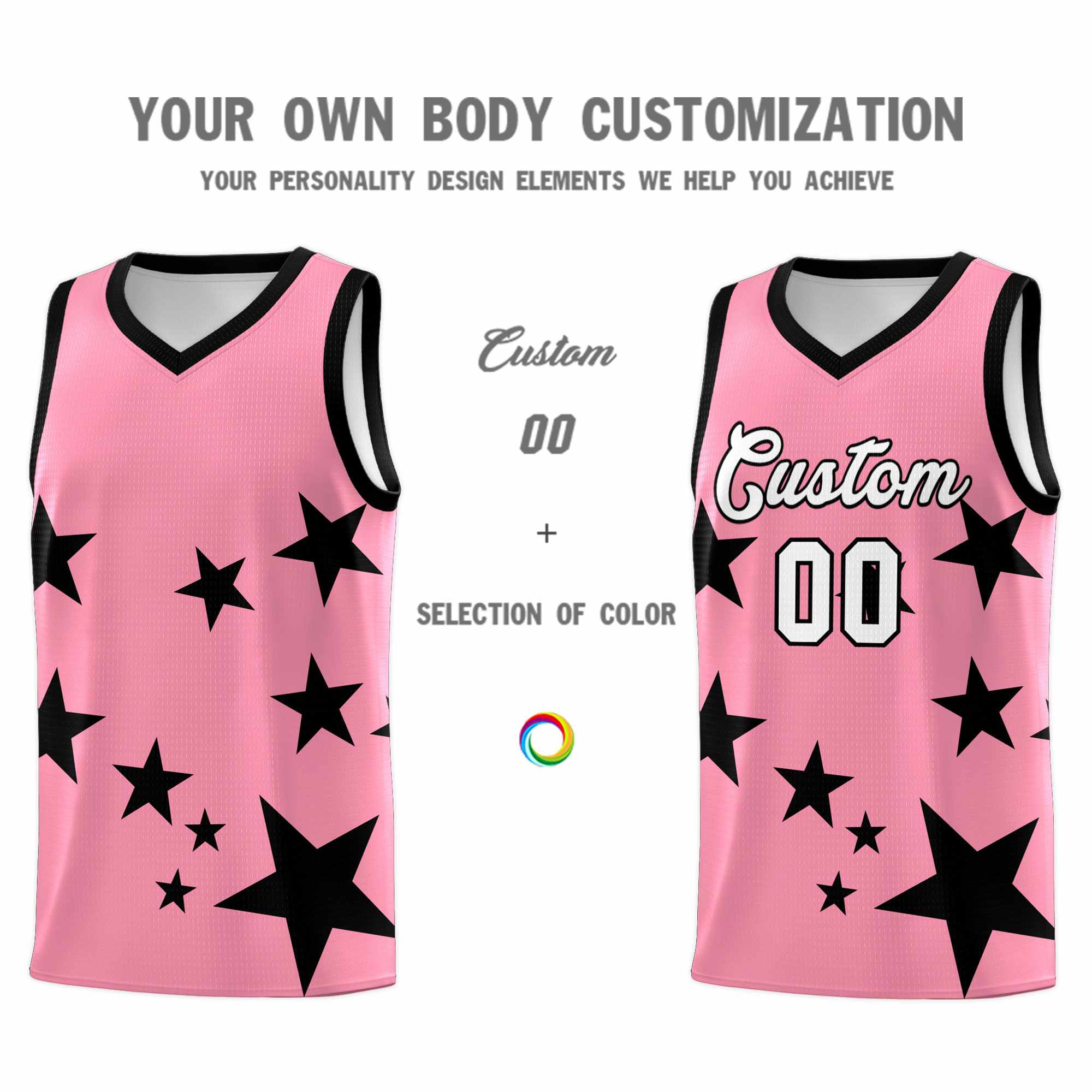 Custom Light Pink Black Graffiti Pattern Star Print Basketball Kits Sets