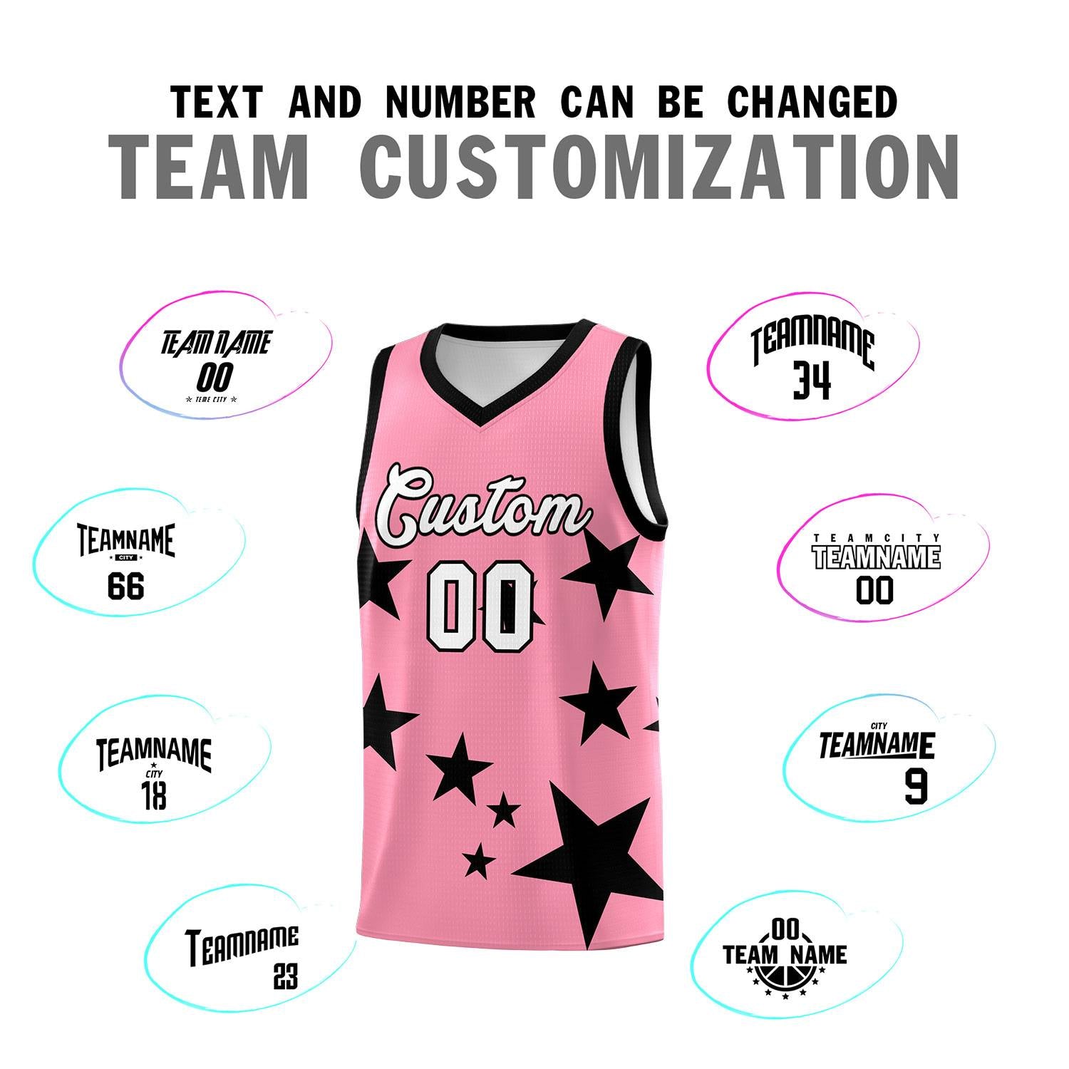 Custom Light Pink Black Graffiti Pattern Star Print Basketball Kits Sets