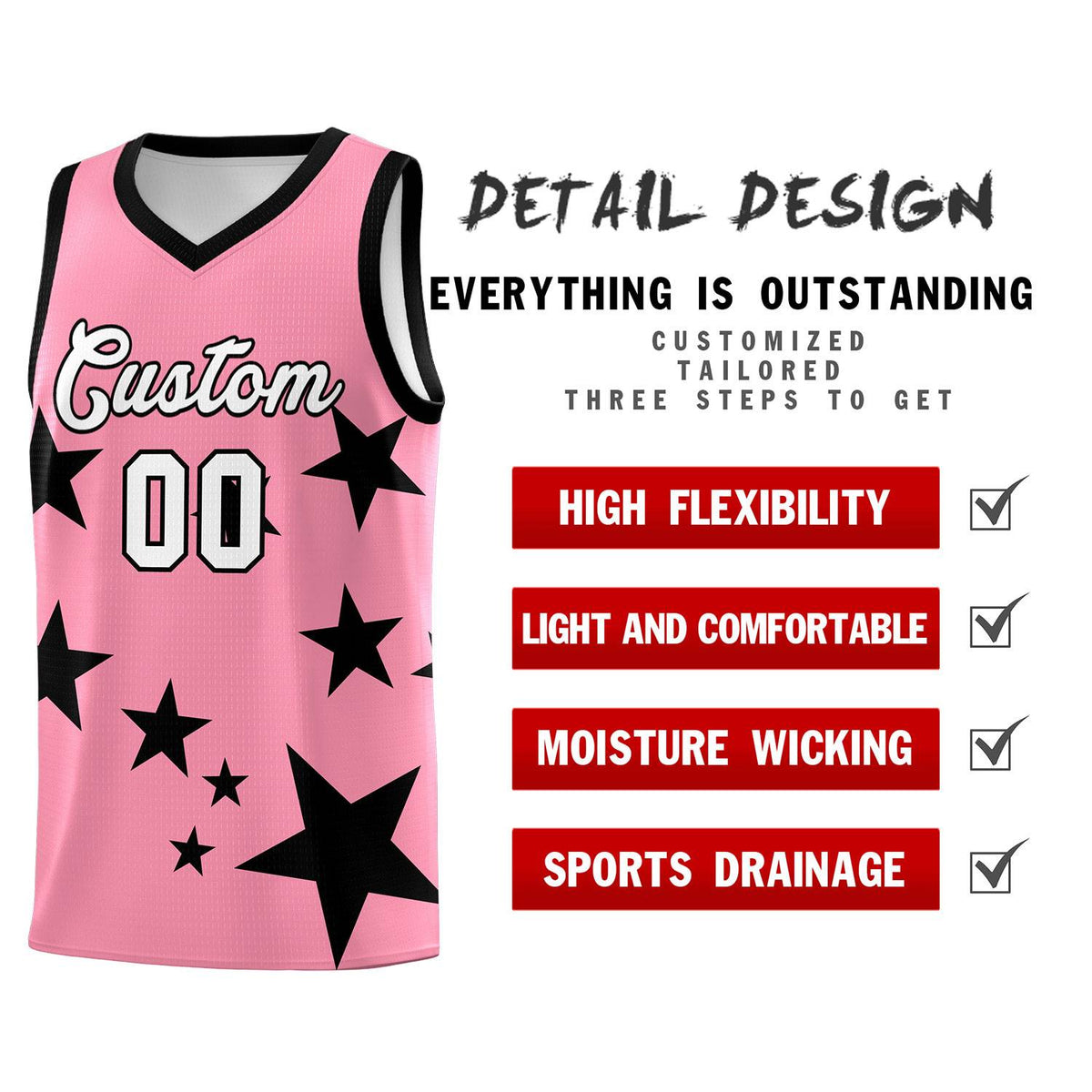 Custom Light Pink Black Graffiti Pattern Star Print Basketball Kits Sets