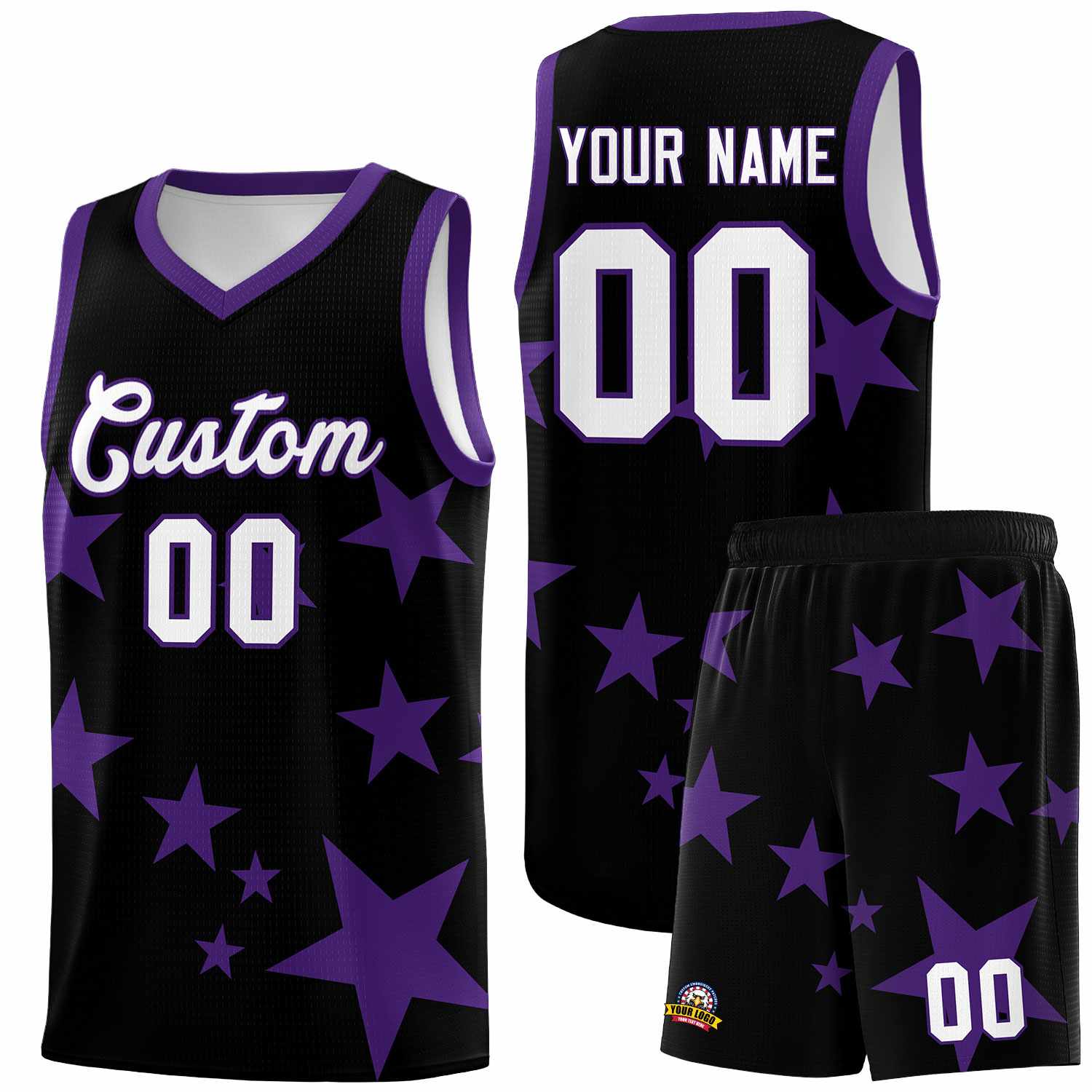 Custom Black Purple Graffiti Pattern Star Print Basketball Kits Sets