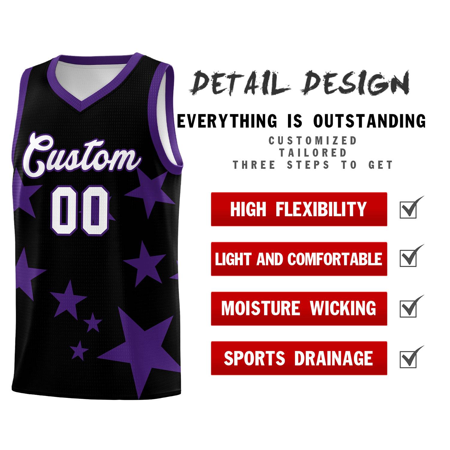 Custom Black Purple Graffiti Pattern Star Print Basketball Kits Sets