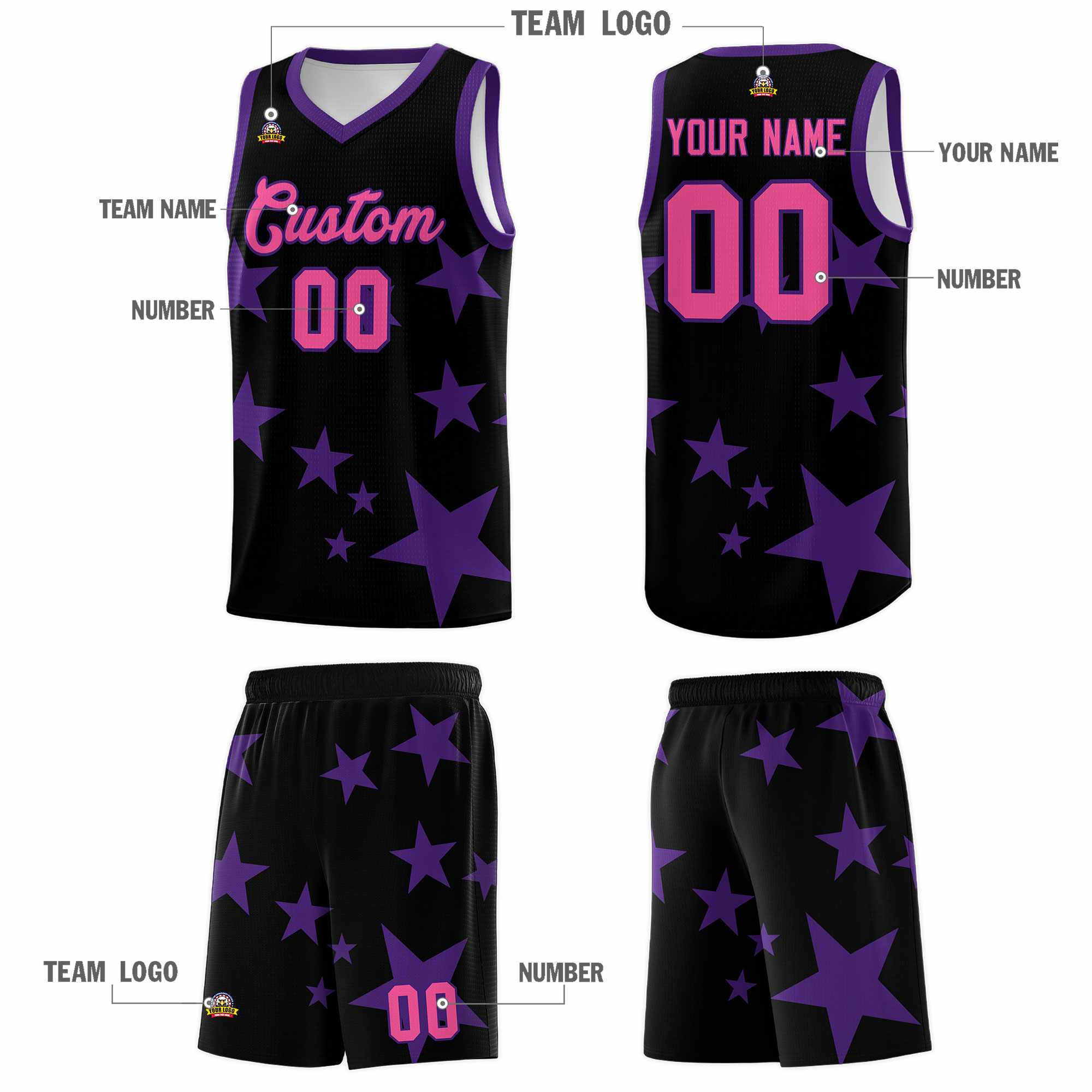 Custom Black Purple Graffiti Pattern Star Print Basketball Kits Sets