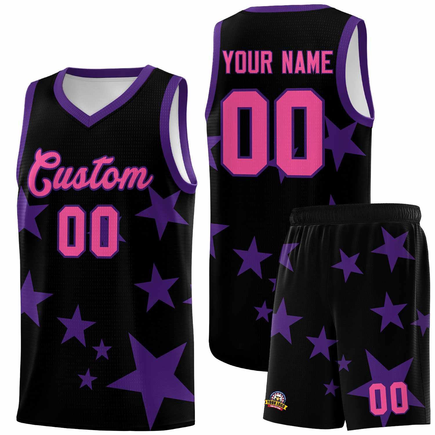 Custom Black Purple Graffiti Pattern Star Print Basketball Kits Sets